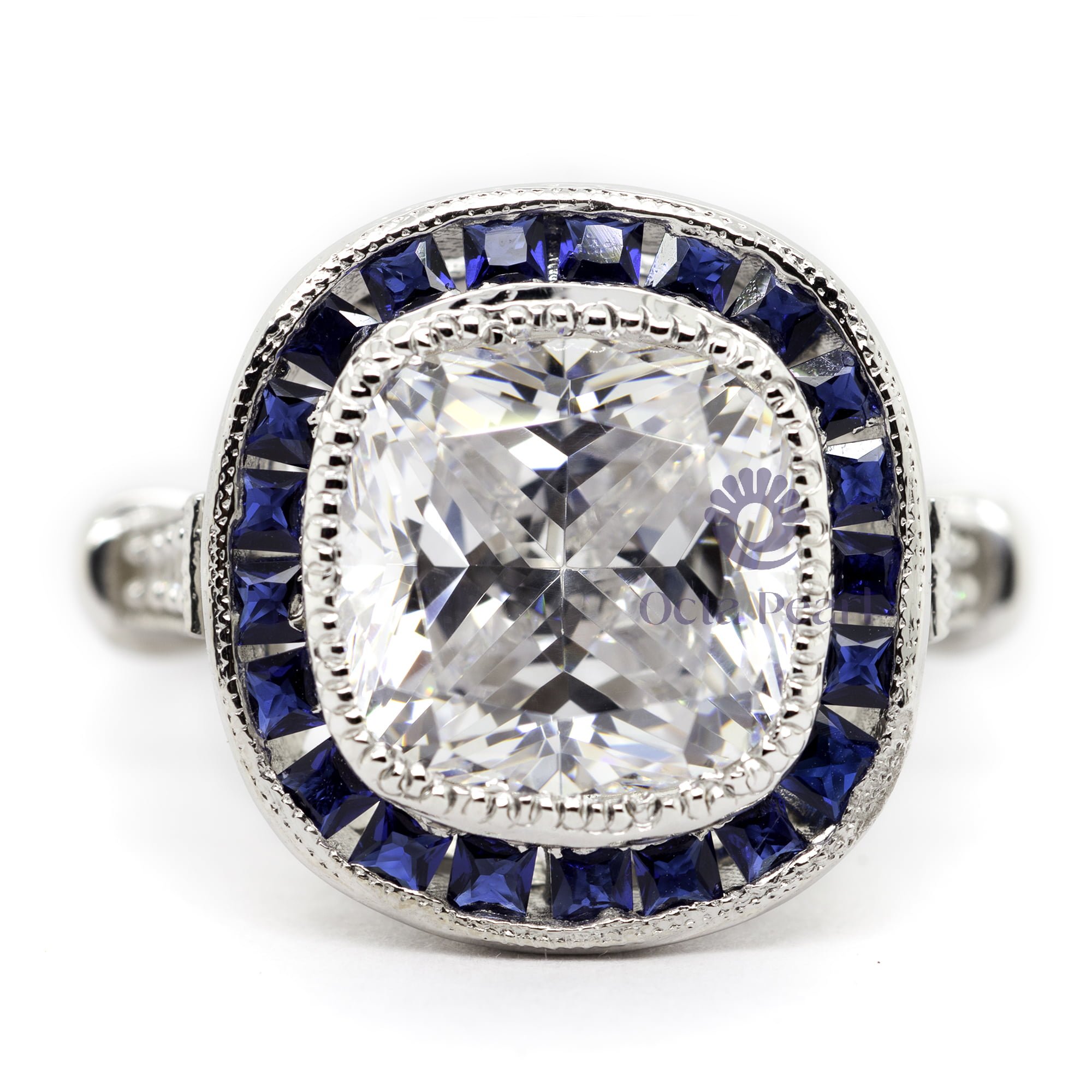 Cushion With blue Baguette Cut CZ Stone ring