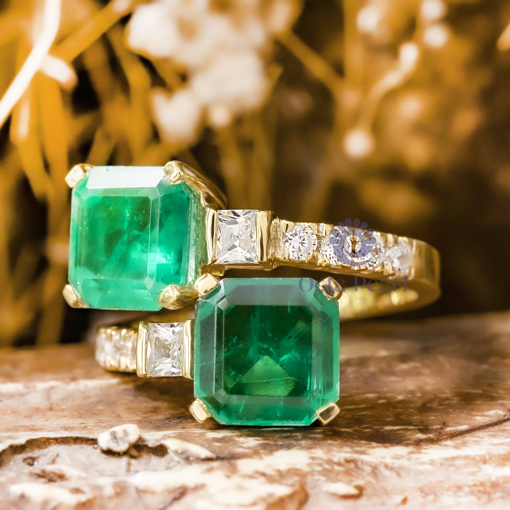 8 MM Green Asscher Cut CZ Stone Bypass Shank Toi Et Moi Wedding Engagement Ring For Women
