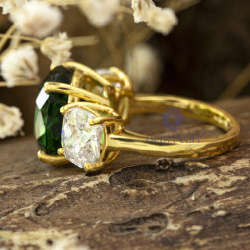 Green & White Round CZ Three Stone Wedding Ring