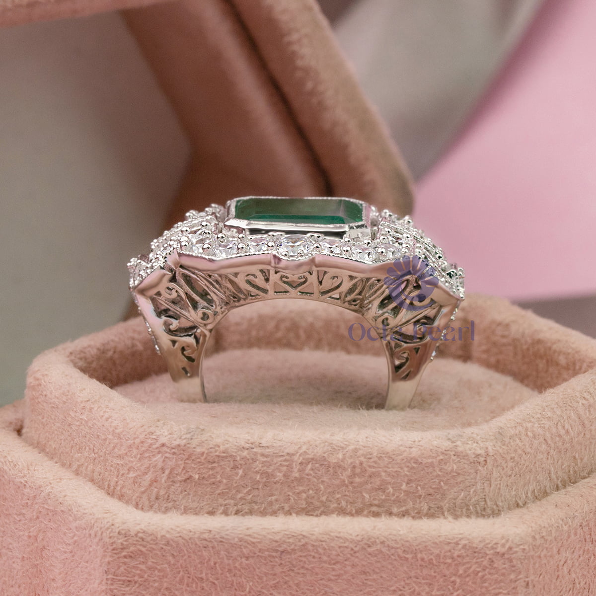 Bezel Set Green Asscher With Surrounded Halo Set Round CZ Stone Art Deco Style Square Ring (11 3/5 TCW)