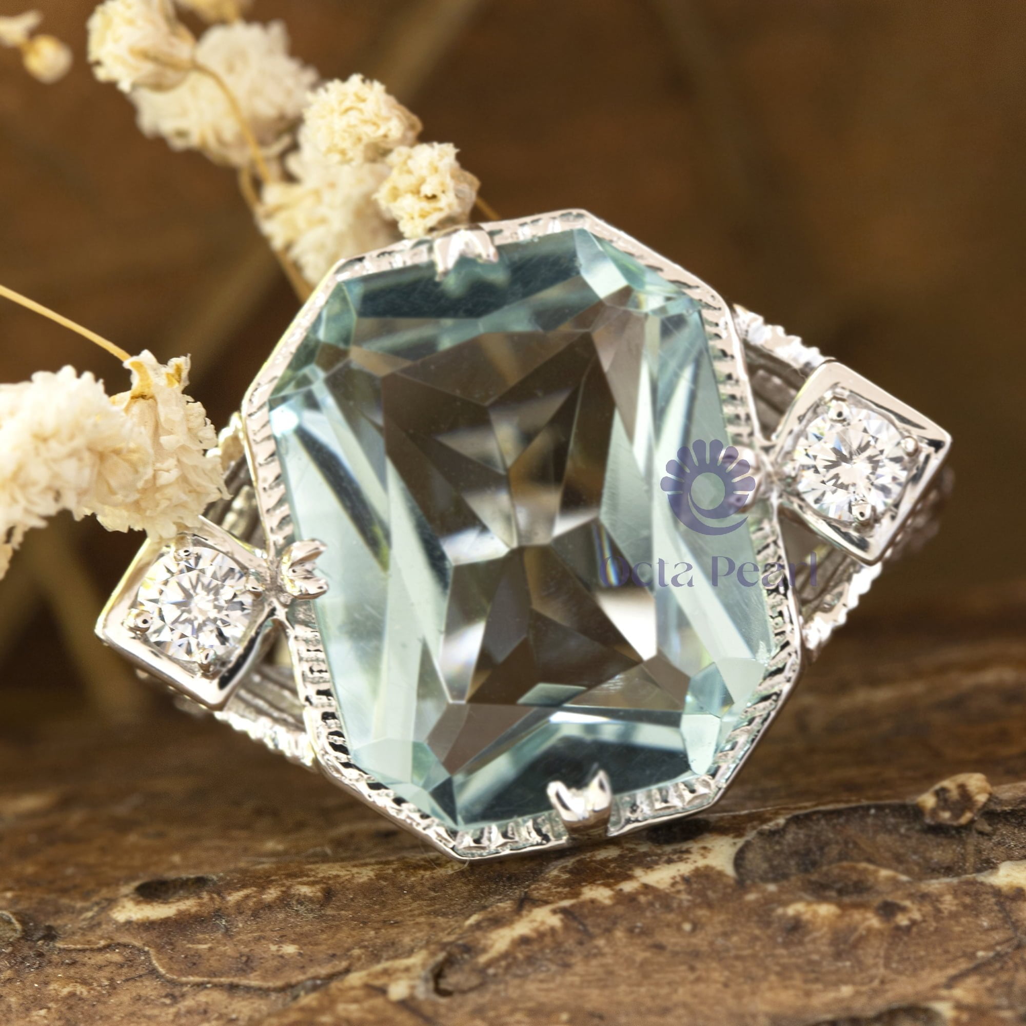 crystal aqua radiant with round cut vintage ring for mom's gift