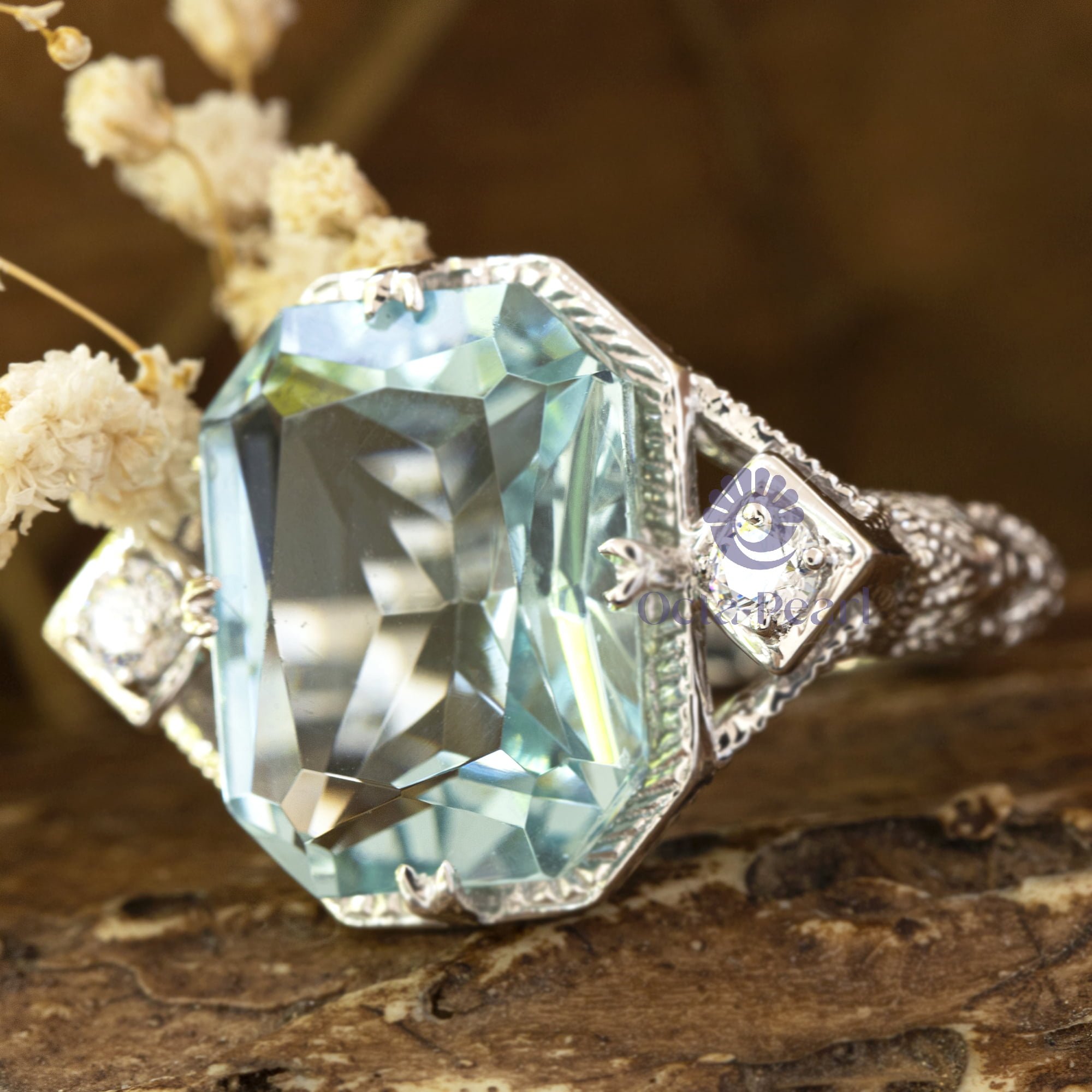 18x14 MM Crystal Aquablue Radiant With Round Cut CZ 3-Stone Art Deco Filigree Shank Vintage Ring For Mom's Gift