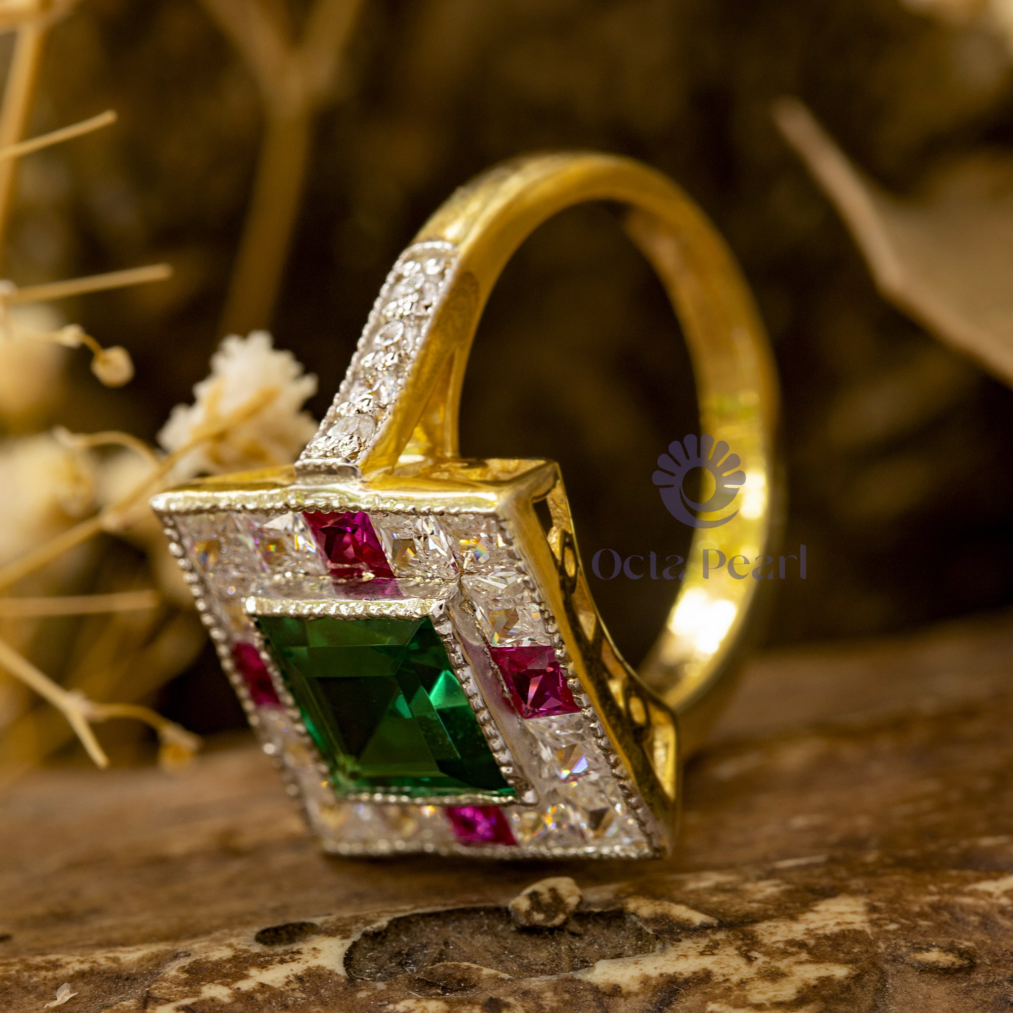 Gorgeous Multi-Color Princess Cut CZ Stone Square Shape Halo Milgrain Set Antique Wedding Ring