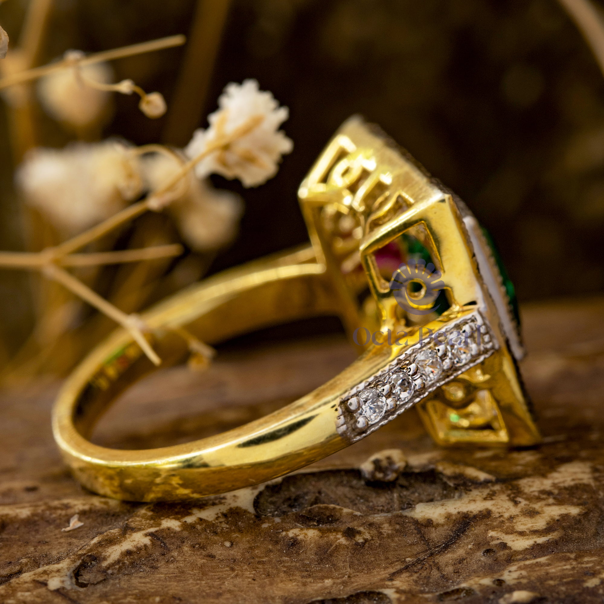 Gorgeous Multi-Color Princess Cut CZ Stone Square Shape Halo Milgrain Set Antique Wedding Ring