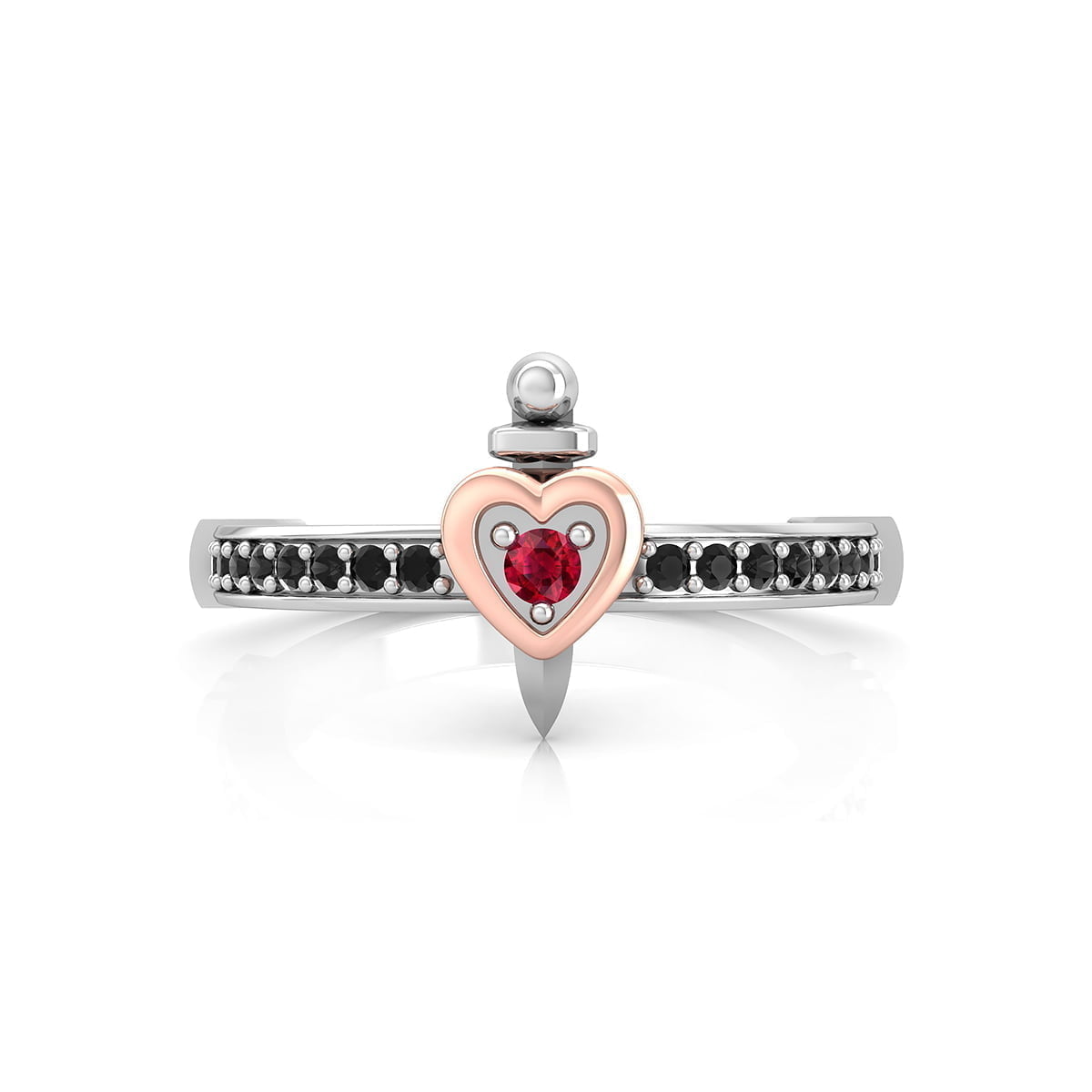 Center Garnet With Side Accents Black Round CZ Stone Dagger Heart Engagement Proposal Ring (1/4 TCW)