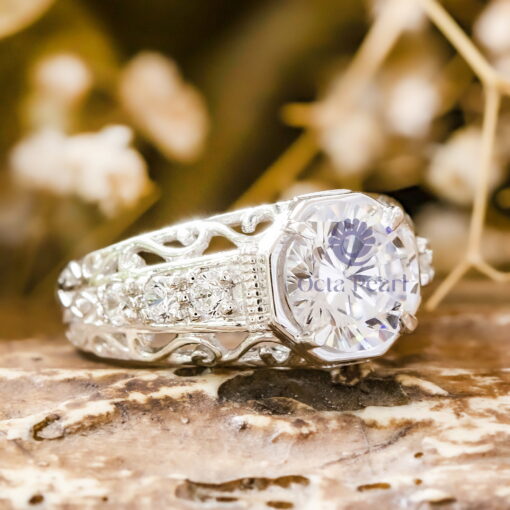 Beautiful Round Cut Moissanite Antique Filigree Art Deco Vintage Engagement Ring