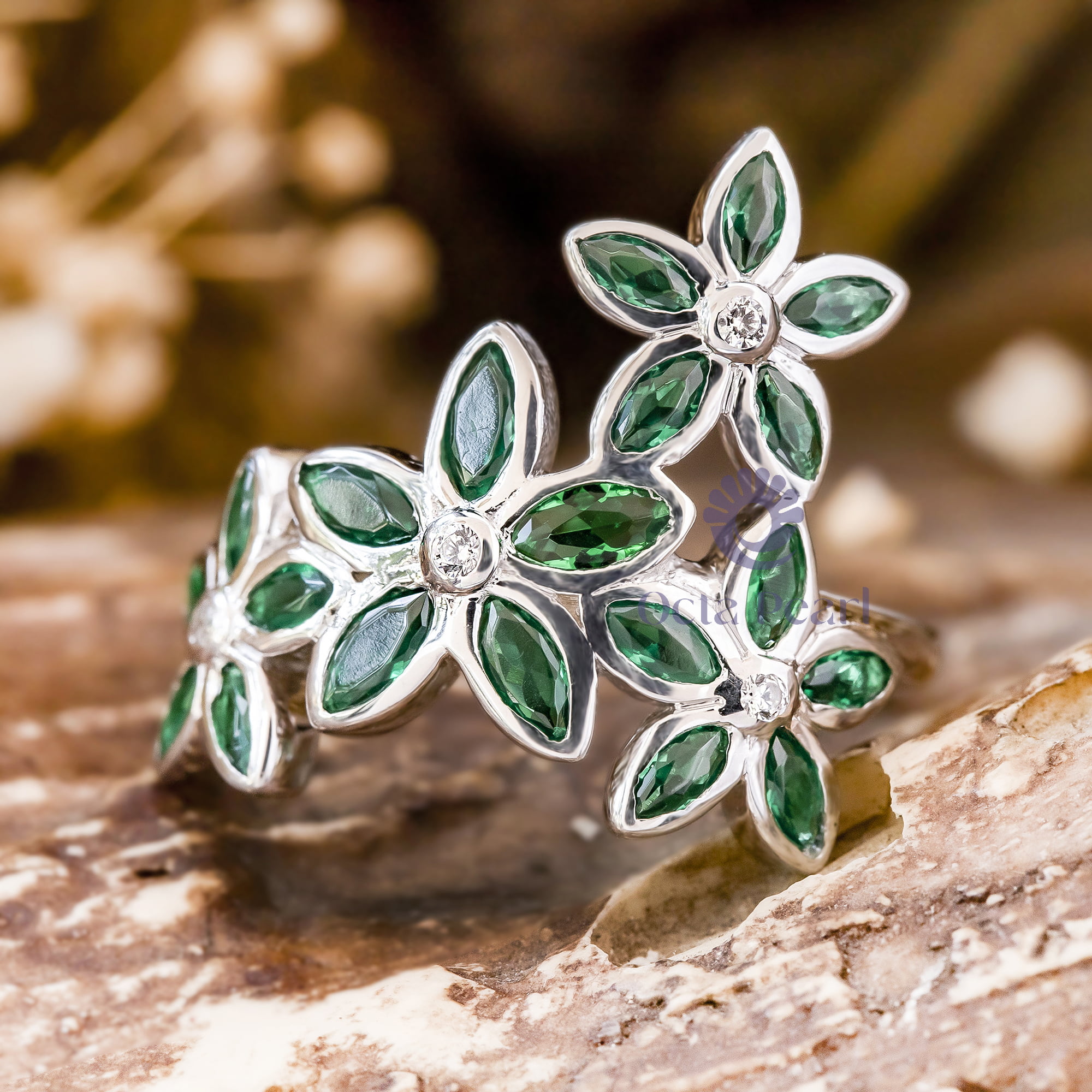 Green Marquise With Round White CZ Stone Floral Inspire Cocktail Party Wear Ring For Ladies ( 2 1/4 TCW)