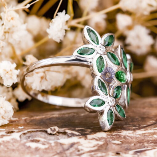 Green Marquise With Round White CZ Stone Floral Inspire Cocktail Party Wear Ring For Ladies