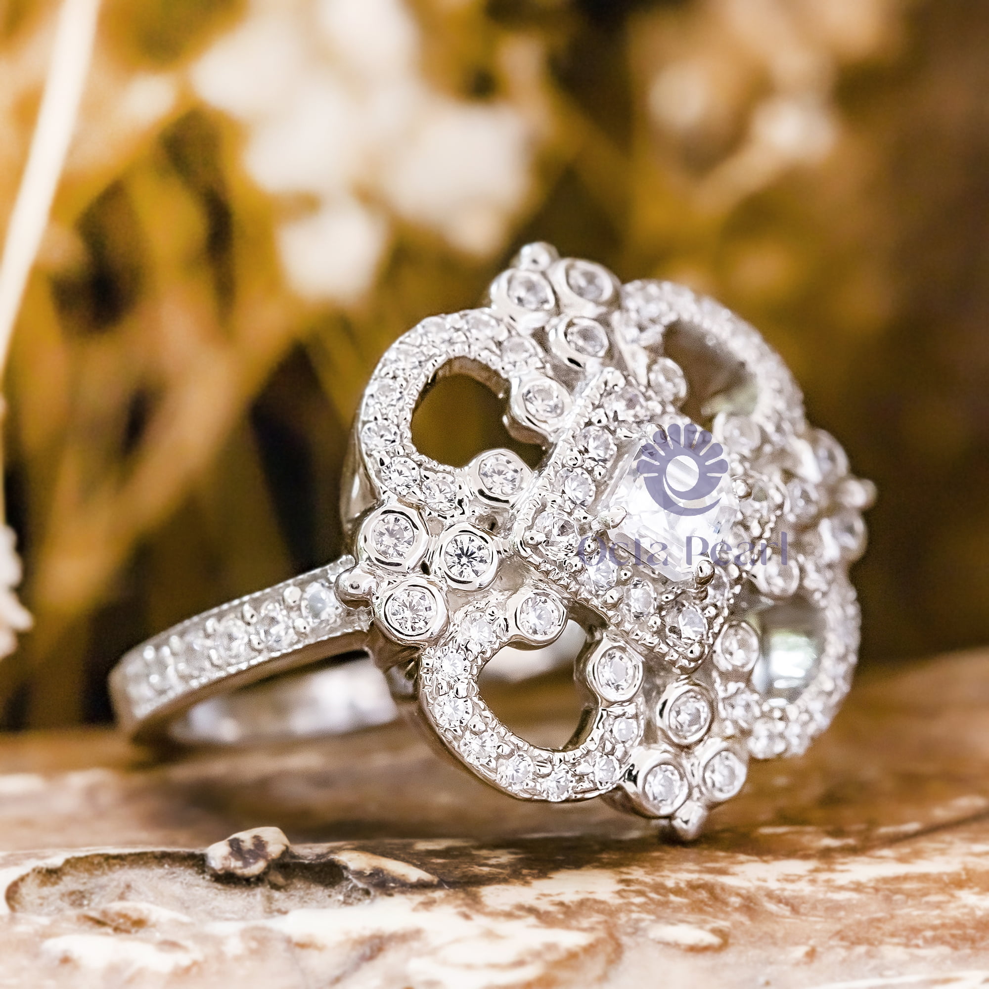 3.50 MM Asscher & Round Cut CZ Stone Antique Edwardian Wedding Bridal Ring Mother's Day Gift