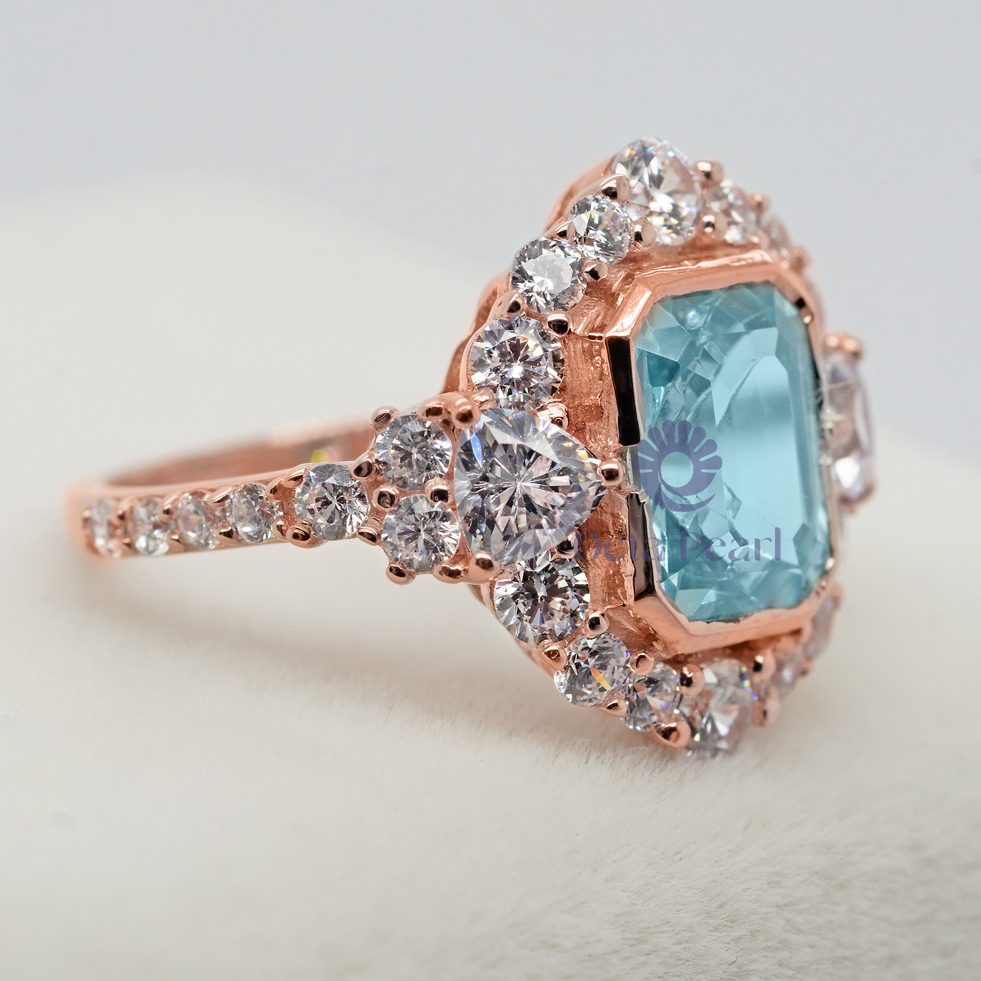 9x6.50 MM Emerald Aquamarine & White Trillion Or Round CZ Stone Bezel Set Halo Wedding Ring
