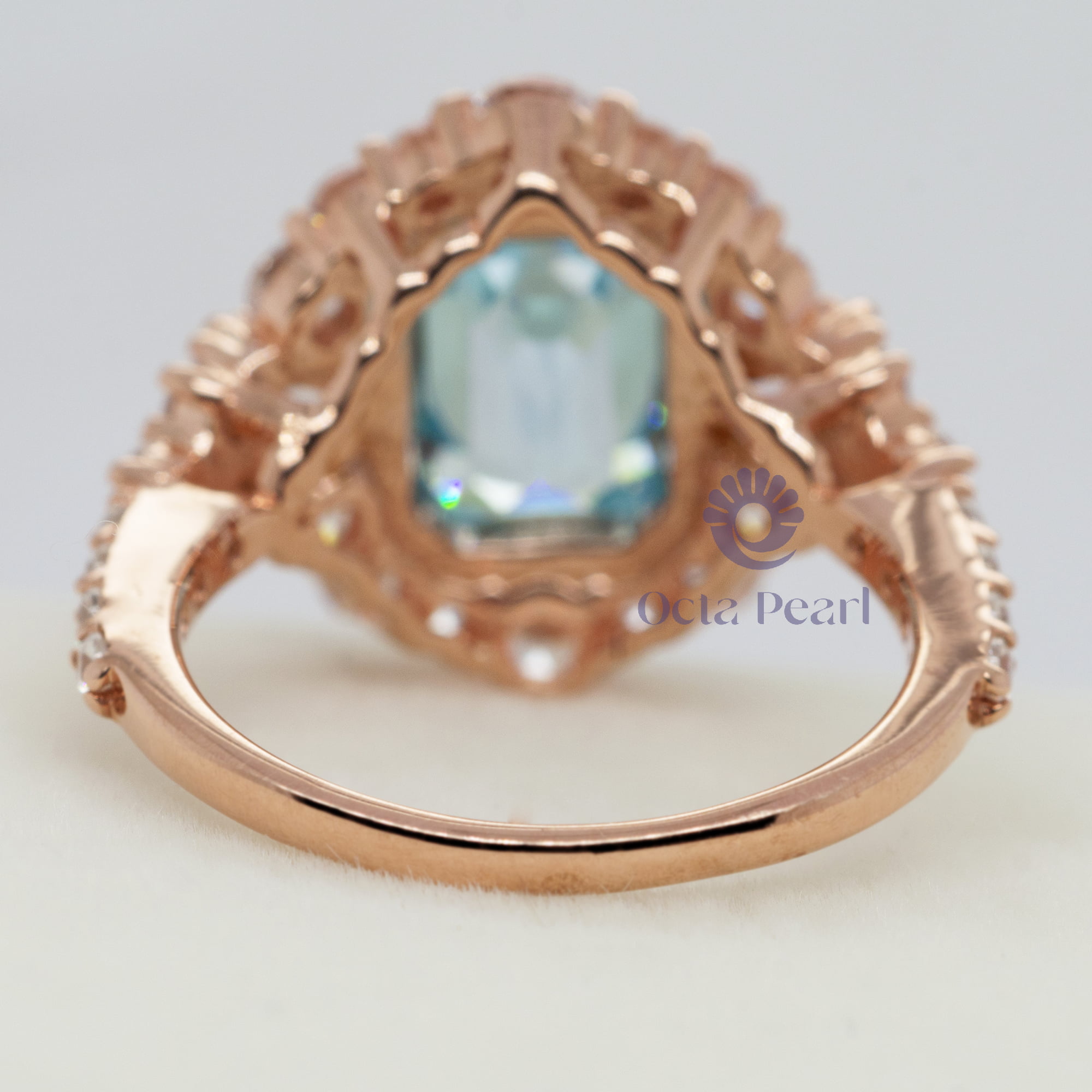 9x6.50 MM Emerald Aqua & White Trillion Or Round CZ Stone Bezel Set Halo Wedding Ring