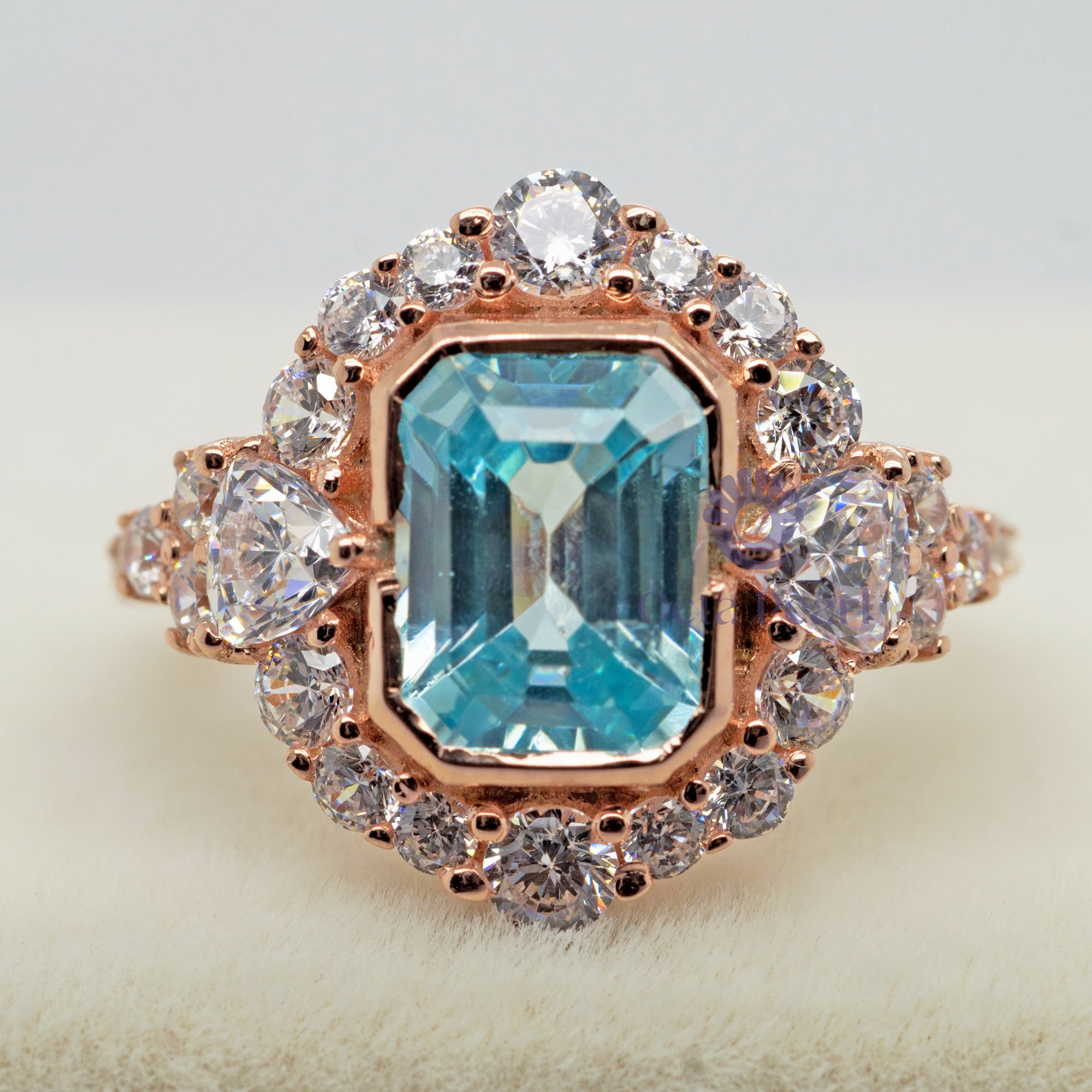 9x6.50 MM Emerald Aqua & White Trillion Or Round CZ Stone Bezel Set Halo Wedding Ring
