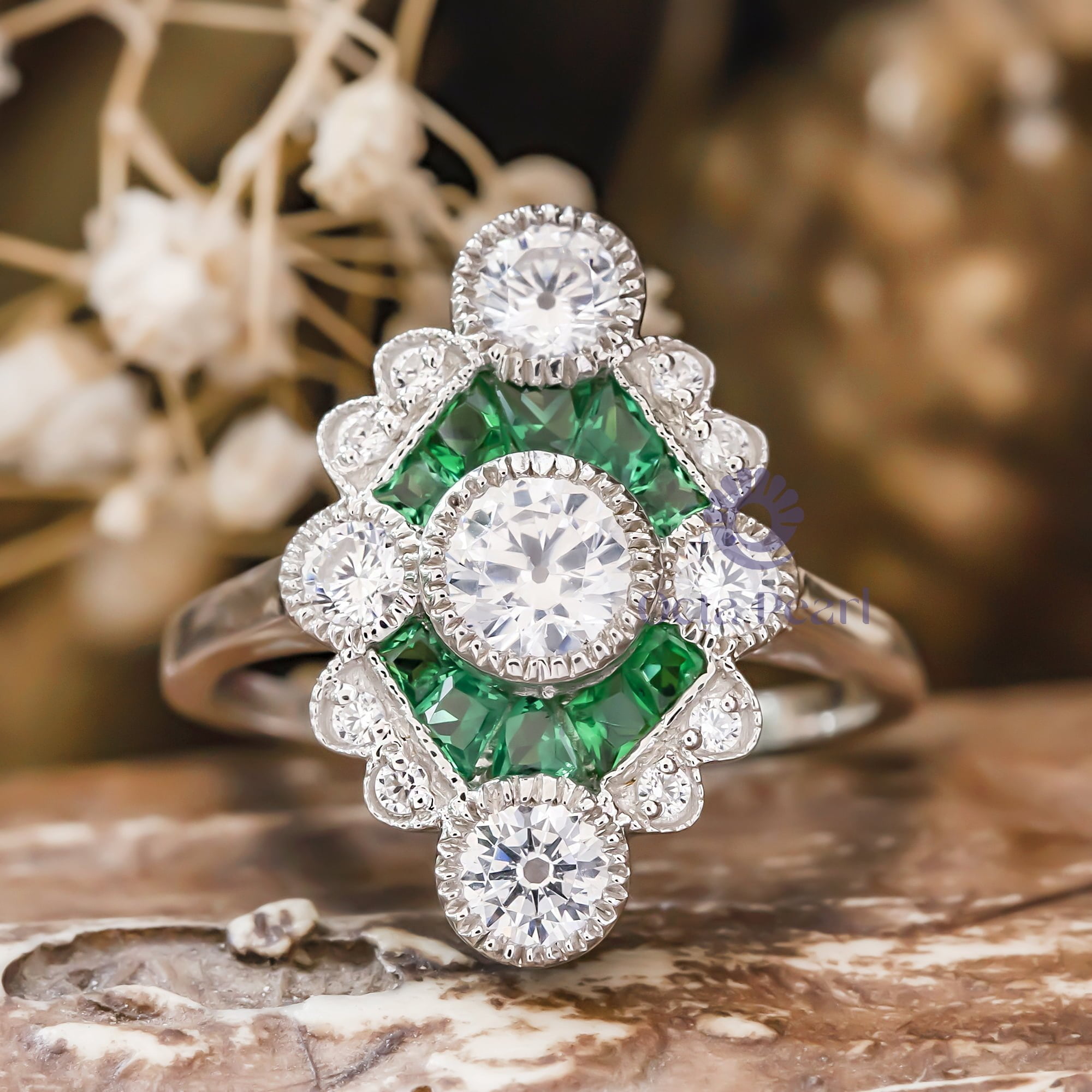 5 MM White Round Cut With Green Baguette Cut CZ Stone Milgrain Bezel Set Art Nouveau Edwardian Ring