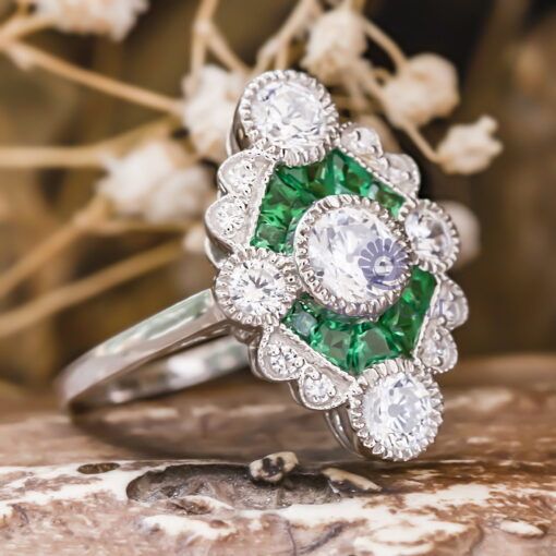 White Round Cut With Green Baguette Cut CZ Stone Milgrain Bezel Set Art Nouveau Edwardian Ring