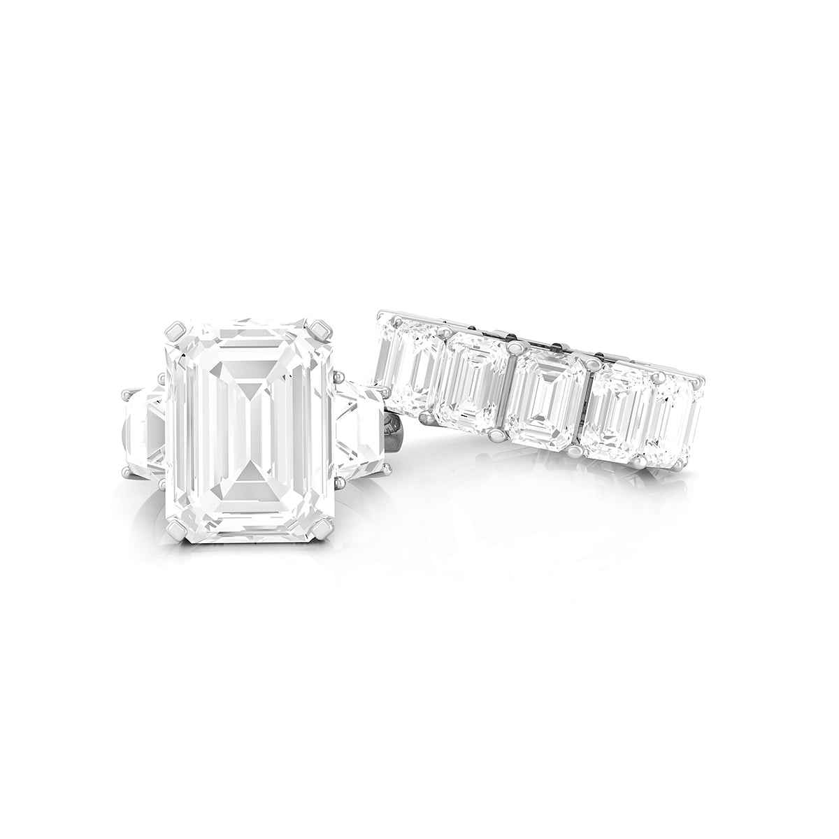 16x12 MM Emerald Cut CZ Stone Eternity Stacked Wedding Band With Three Stone Engagement Ring