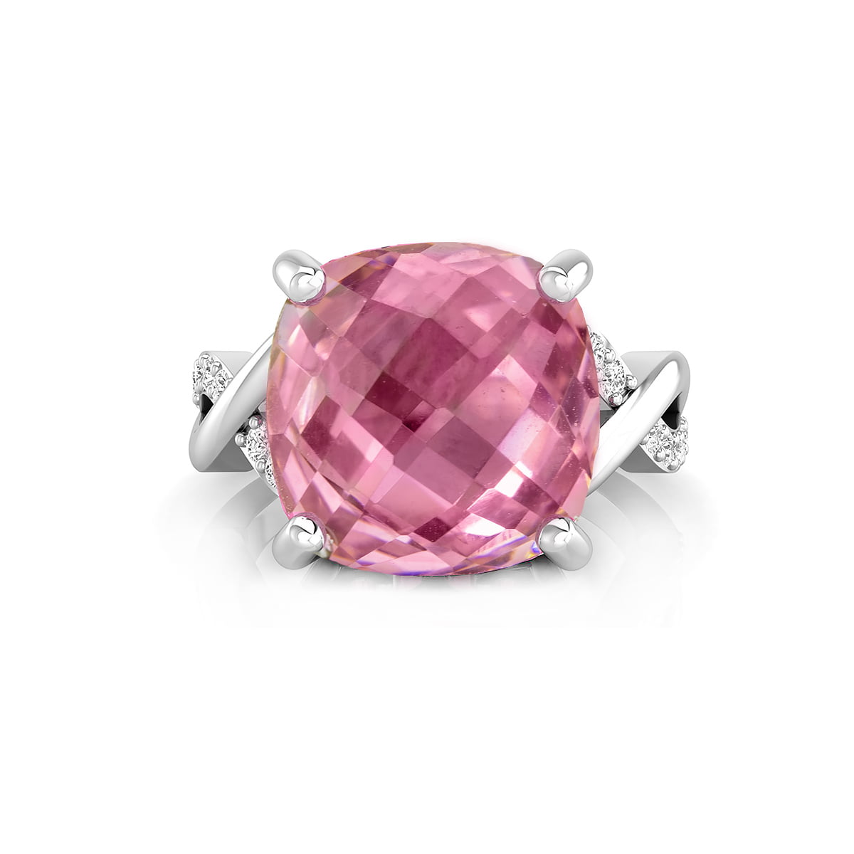 Pink Cushion Cut Solitaire CZ Stone Engagement Ring With Twisted Split Shank And Accents ( 6 1/20 TCW)