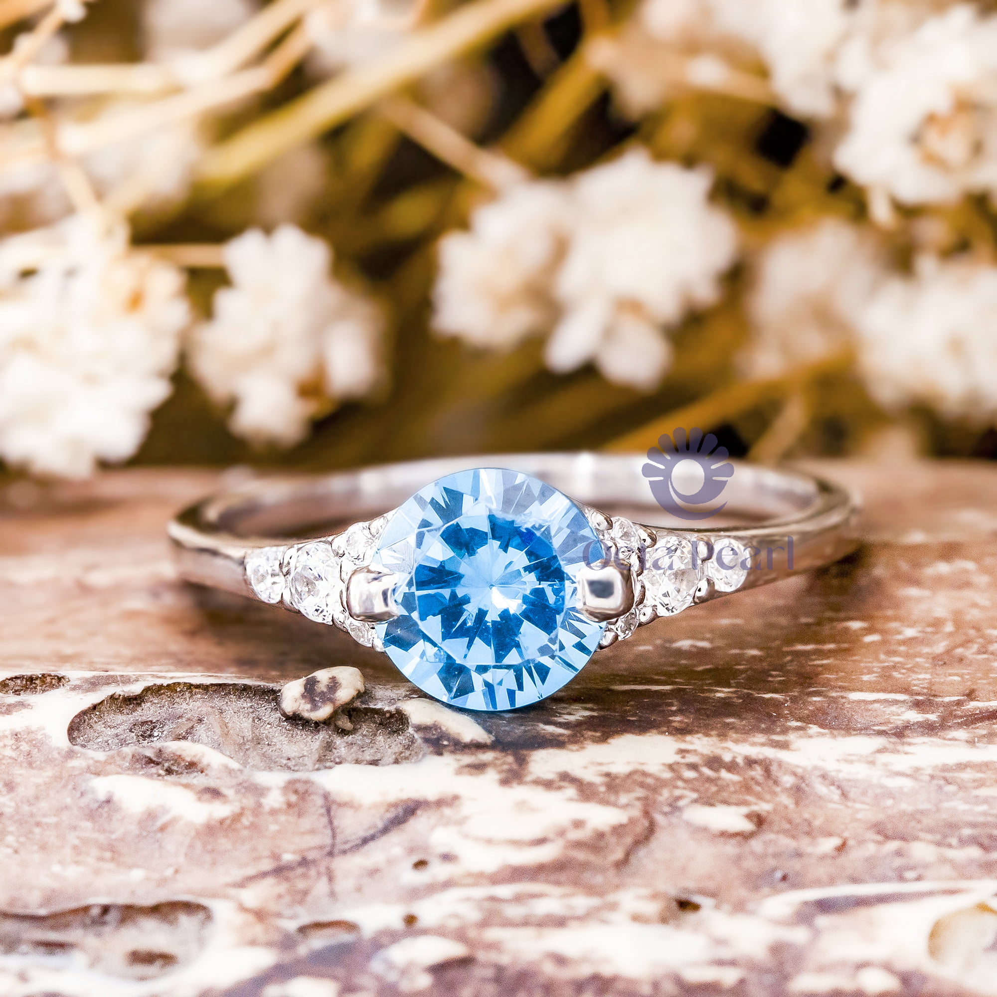 Aquamarine & White Round Cut CZ Stone Simple And Elegant Minimalist Engagement Ring ( 1 1/2 TCW)