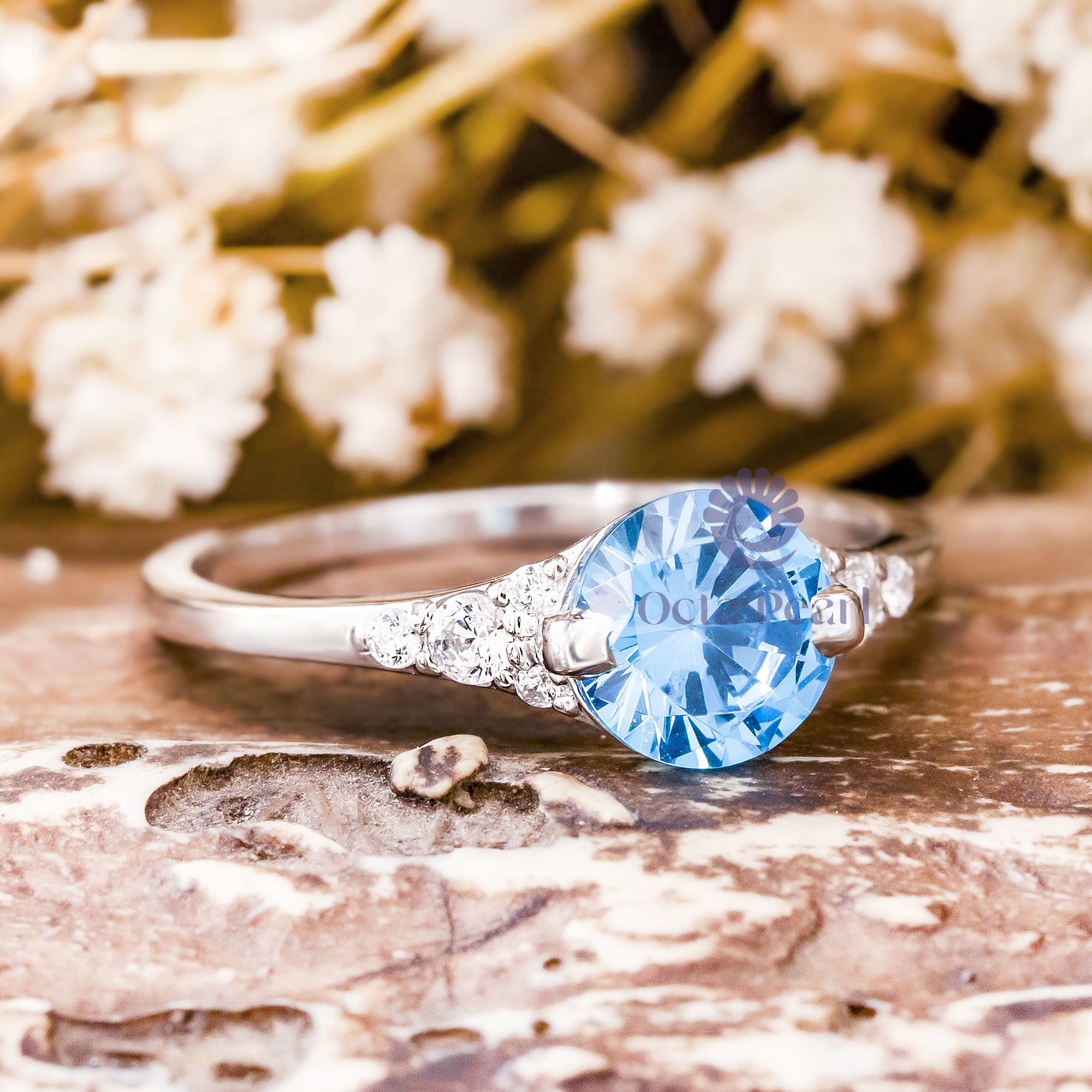 Aquamarine & White Round Cut CZ Stone Simple And Elegant Minimalist Engagement Ring ( 1 1/2 TCW)