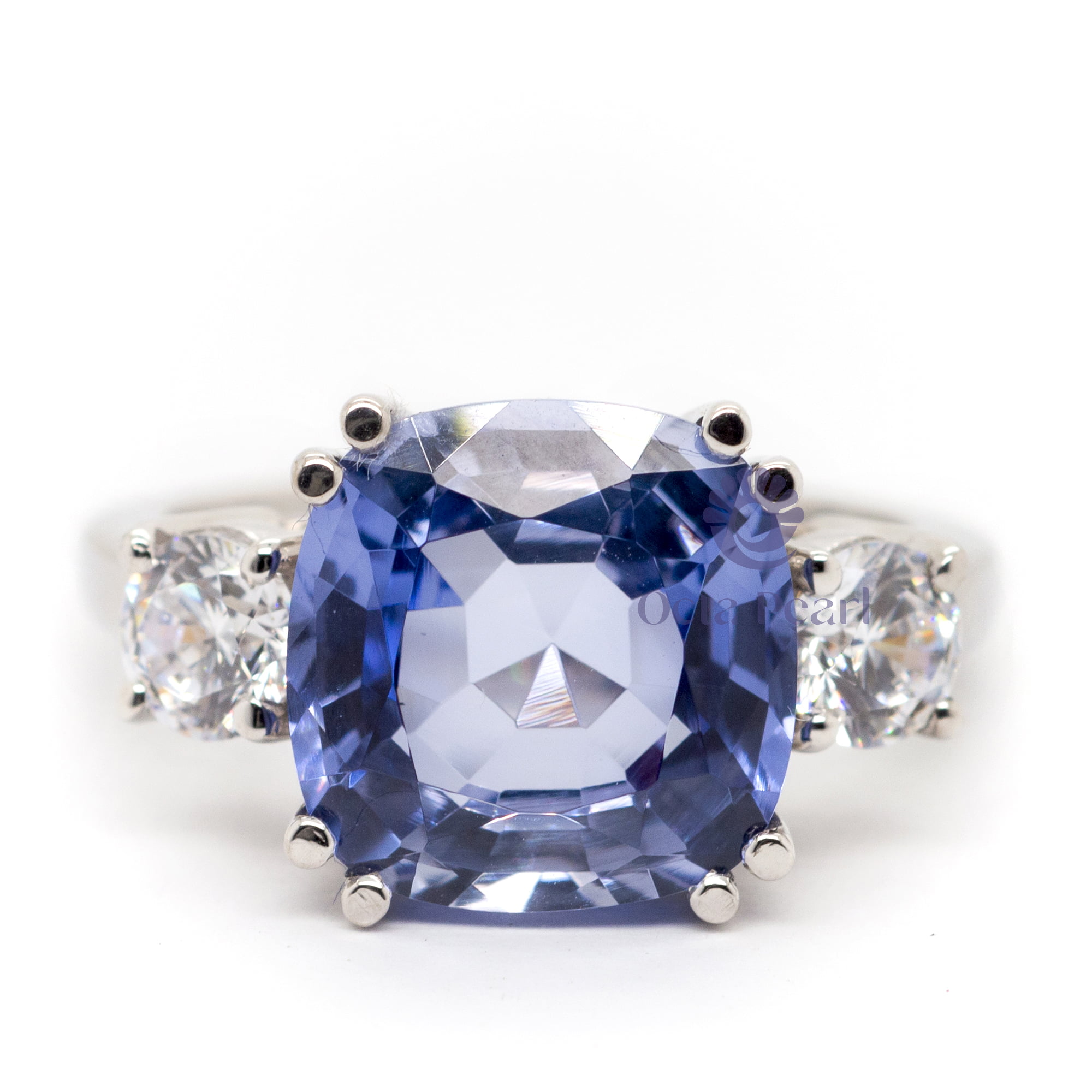 Blue Sapphire Cushion With White Round Cut Three CZ Stone Wedding Proposal Ring ( 10 5/9 TCW )