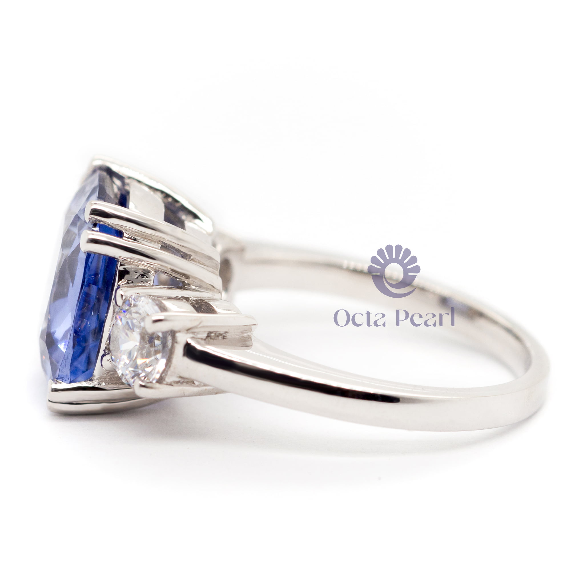 Blue Sapphire Cushion With White Round Cut Three CZ Stone Wedding Proposal Ring ( 10 5/9 TCW )