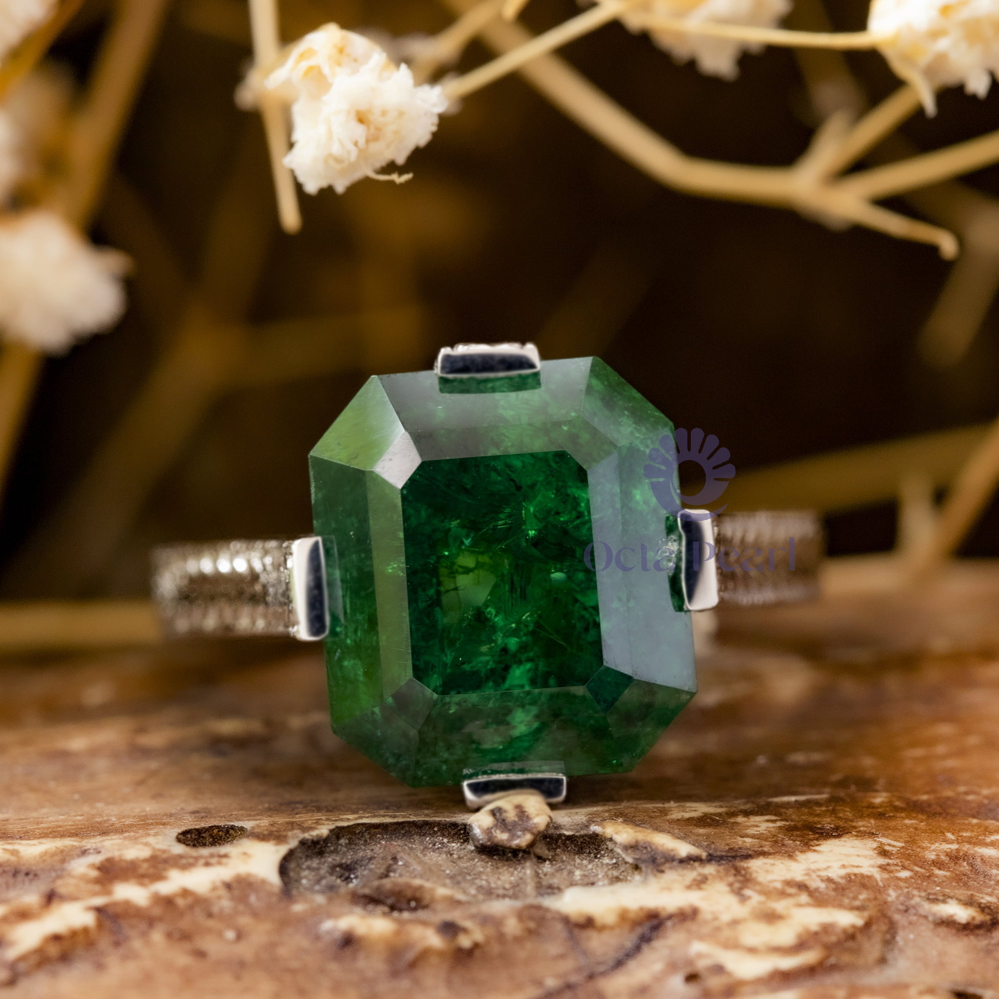 12x10 MM Green Emerald Cut CZ Stone Antique Art Deco Solitaire Engagement Ring For Women