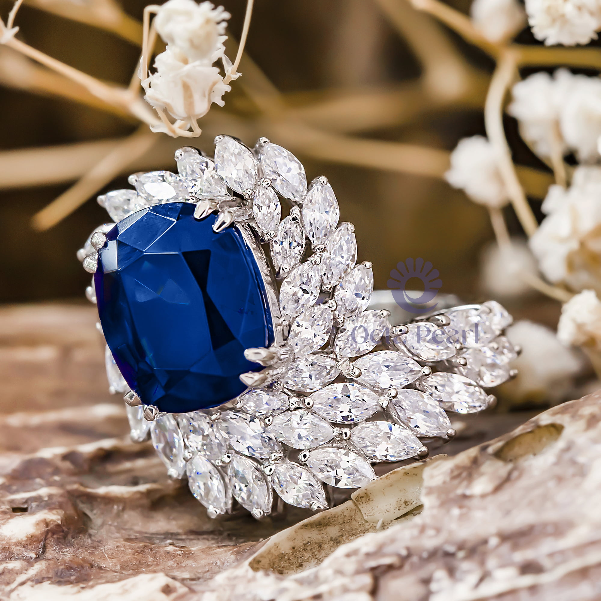 Royal Blue Sapphire Cushion Or White Marquise Cut CZ Stone Swirl Halo Bypass Style Party Wear Ring ( 8 5/9 TCW)