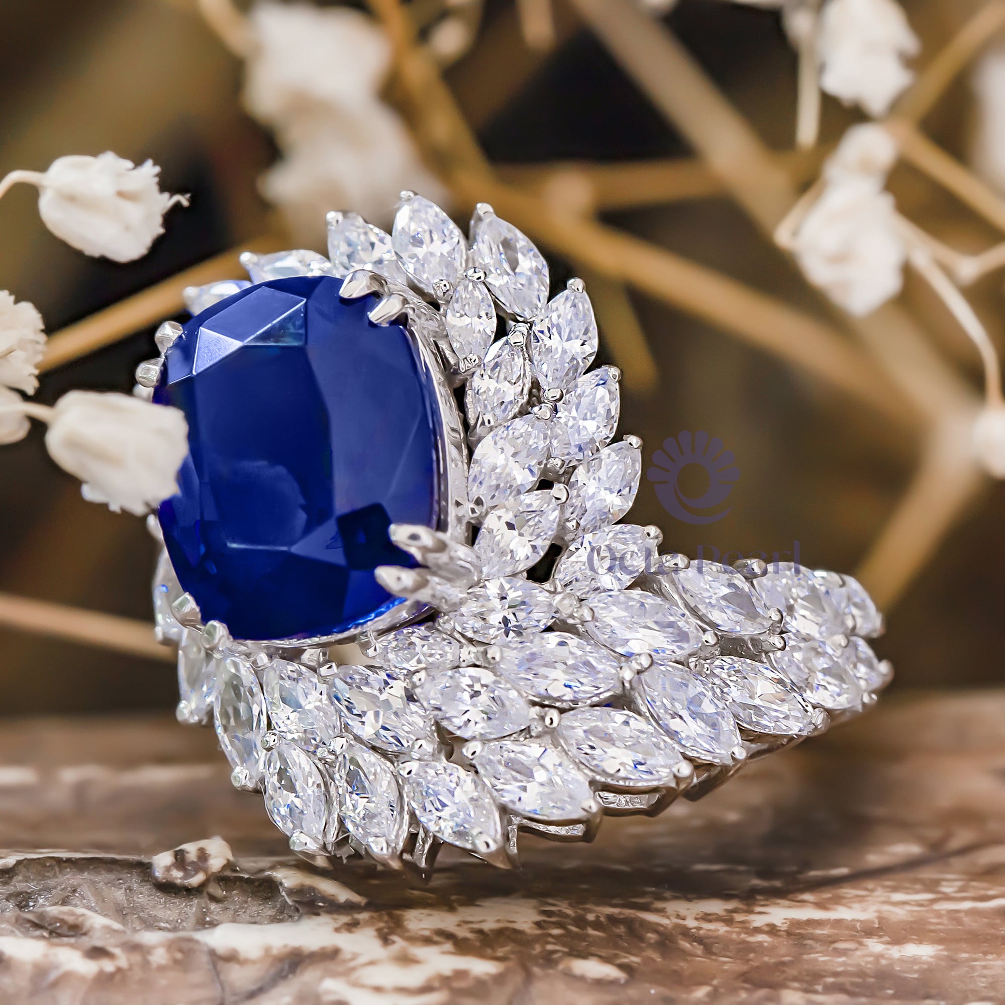 Royal Blue Sapphire Cushion Or White Marquise Cut CZ Stone Swirl Halo Bypass Style Party Wear