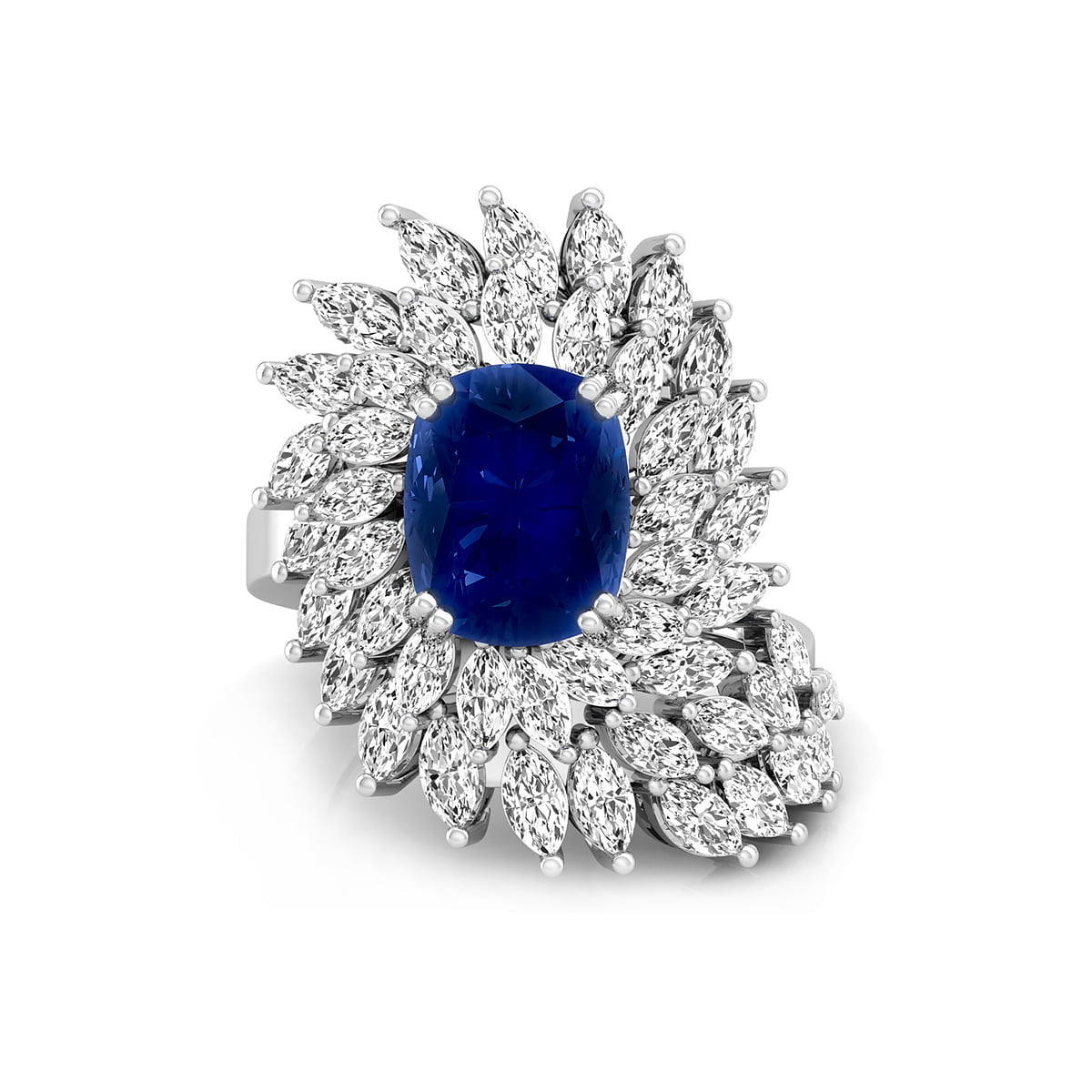 Royal Blue Sapphire Cushion Or White Marquise Cut CZ Stone Swirl Halo Bypass Style Party Wear Ring