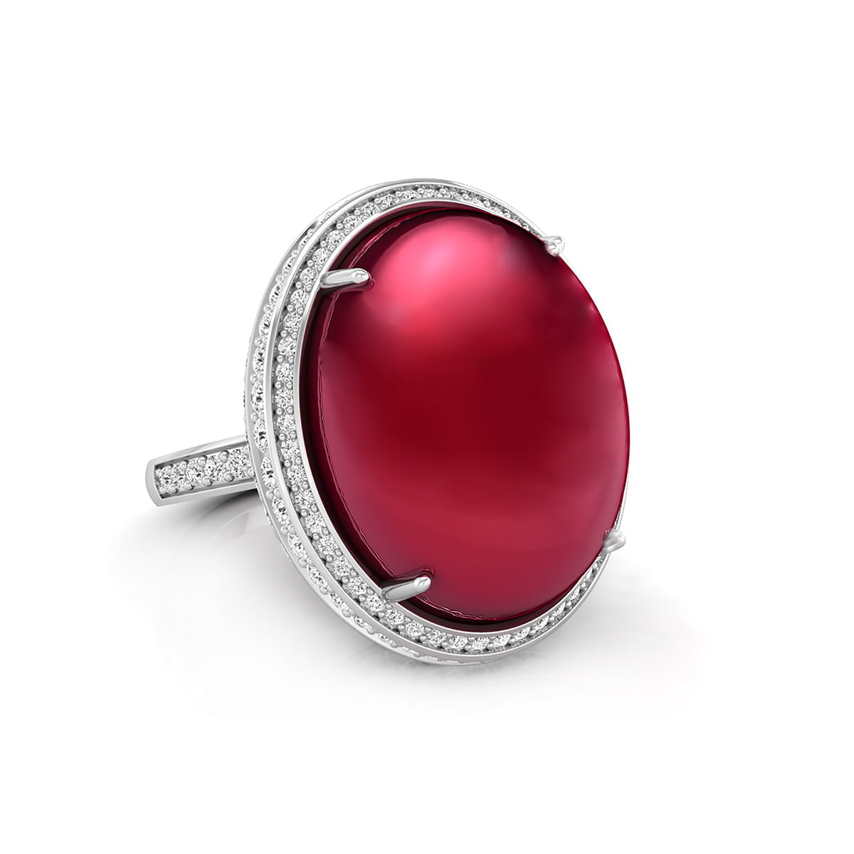 Oval Shape Pink Cabochon With White Round CZ Stone Halo Cocktail Wedding Ring
