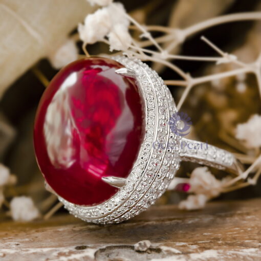 Oval Shape Pink Cabochon With White Round CZ Stone Halo Cocktail Wedding Ring