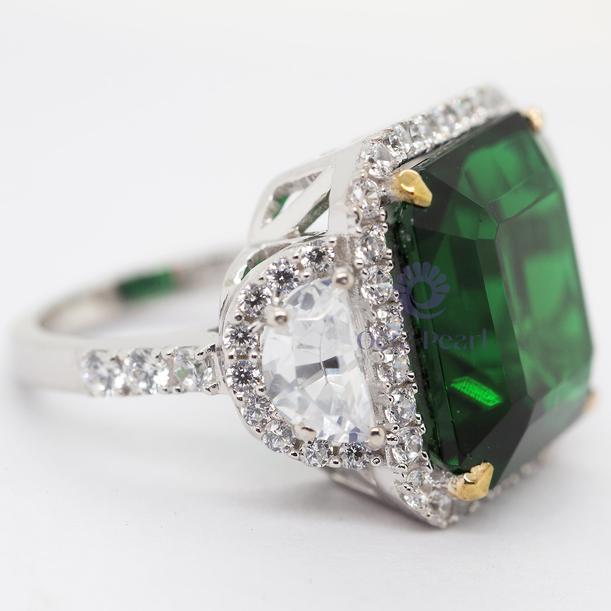 15x13 MM Green Emerald Cut CZ Three Stone Halo Set Party Wear Or Engagement Ring