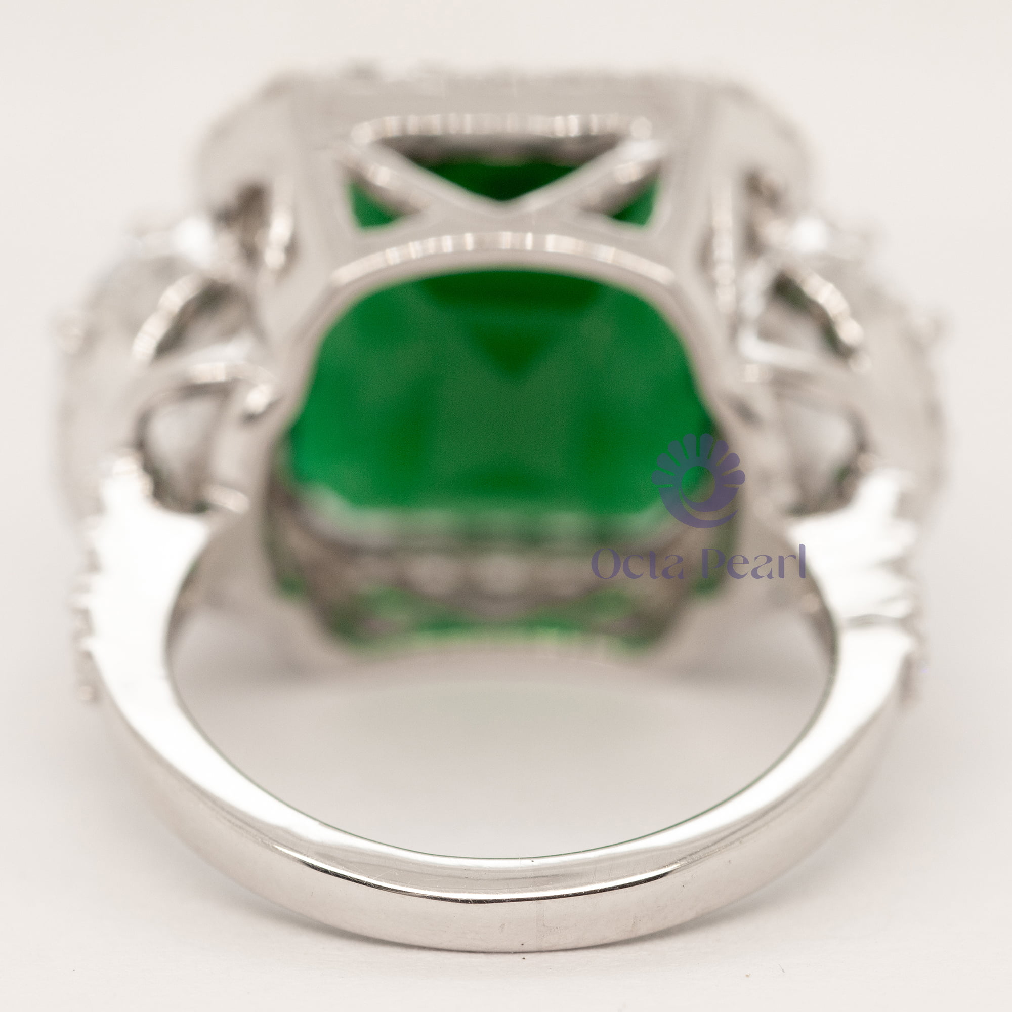 15x13 MM Green Emerald Cut CZ Three Stone Halo Set Party Wear Or Engagement Ring