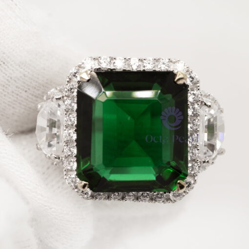 Green Emerald Cut CZ Three Stone Halo Set Party Wear Or Engagement Ring