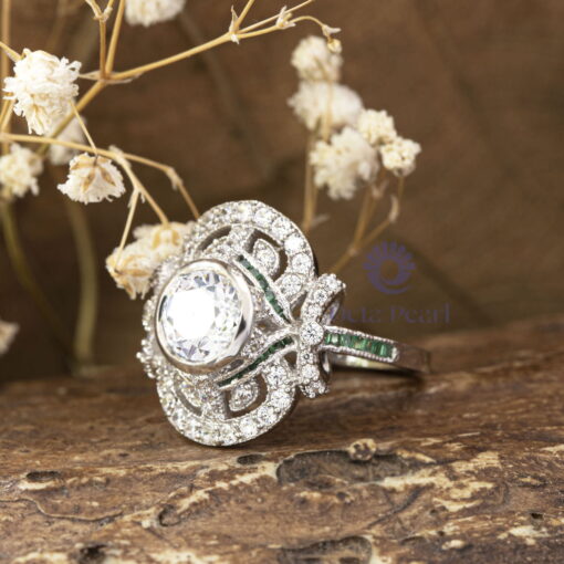Old European Cut Or Green Baguette CZ Stone Bezel Set Bow Motif Vintage Look Engagement Ring