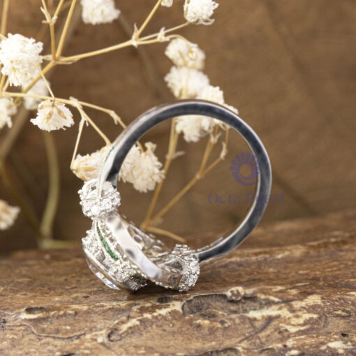 Old European Cut Or Green Baguette CZ Stone Bezel Set Bow Motif Vintage Look Engagement Ring