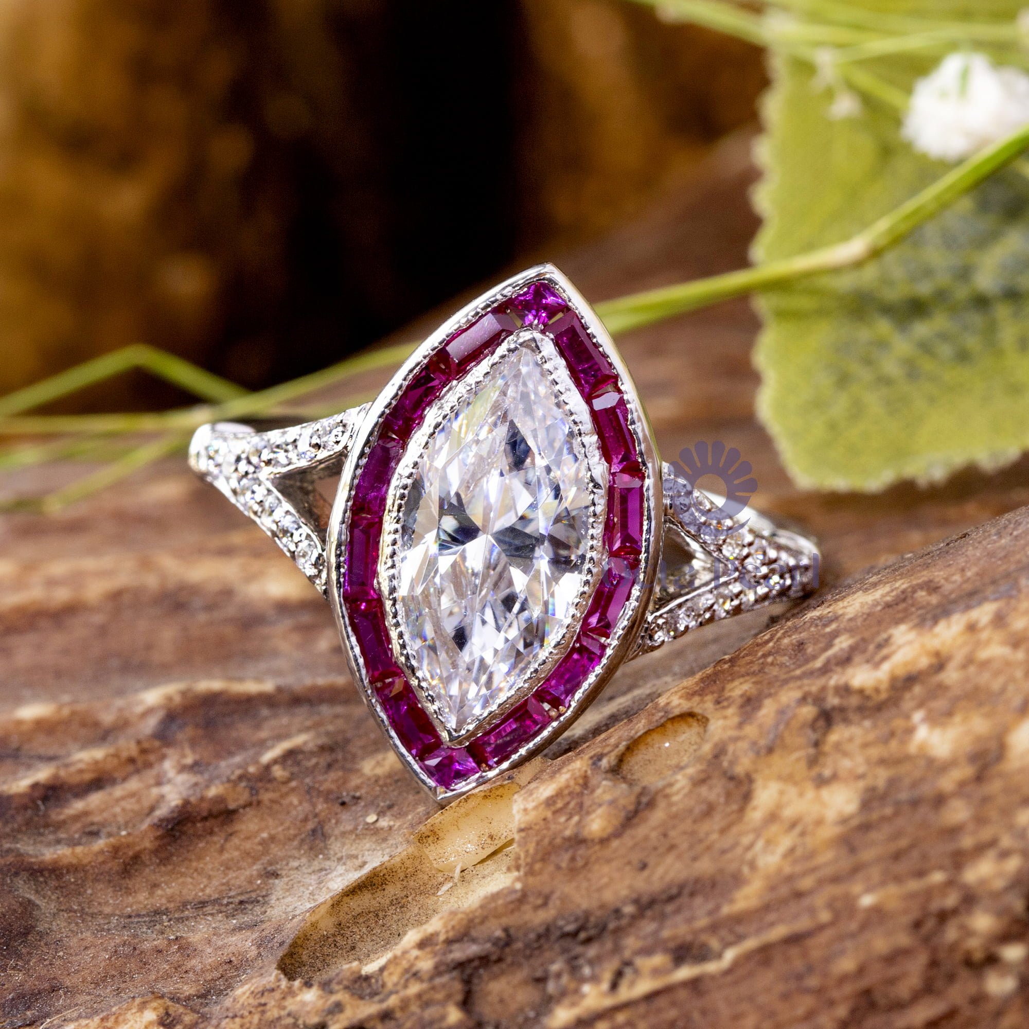14x7 MM Marquise Cut CZ Stone Pink Ruby Halo Milgrain Bezel Set Split Shank Vintage Wedding Ring