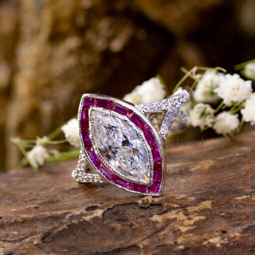 Marquise Cut CZ Stone Pink Halo Milgrain Bezel Set Split Shank Vintage Wedding Ring