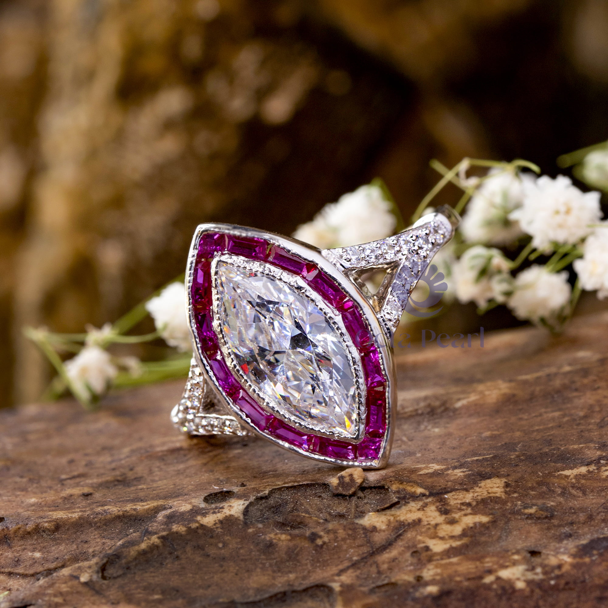 14x7 MM Marquise Cut CZ Stone Pink Halo Milgrain Bezel Set Split Shank Vintage Wedding Ring