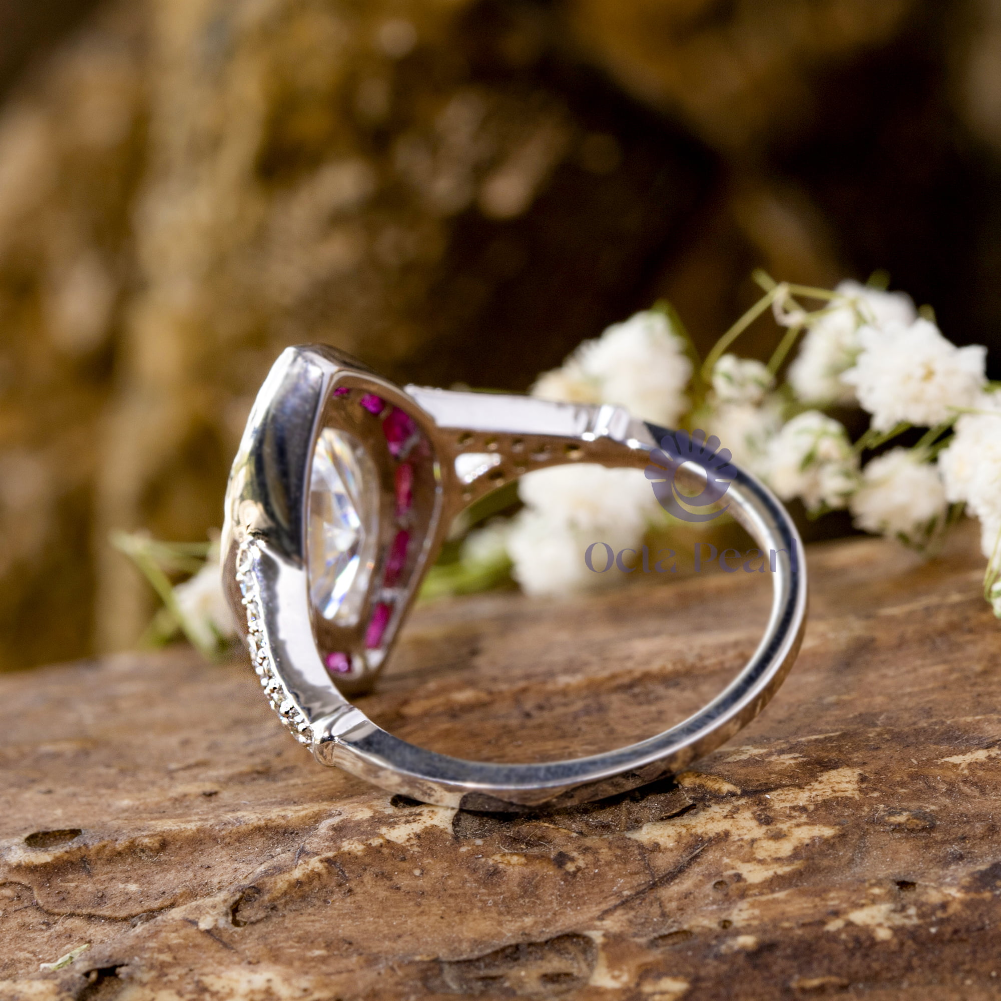 14x7 MM Marquise Cut CZ Stone Pink Halo Milgrain Bezel Set Split Shank Vintage Wedding Ring