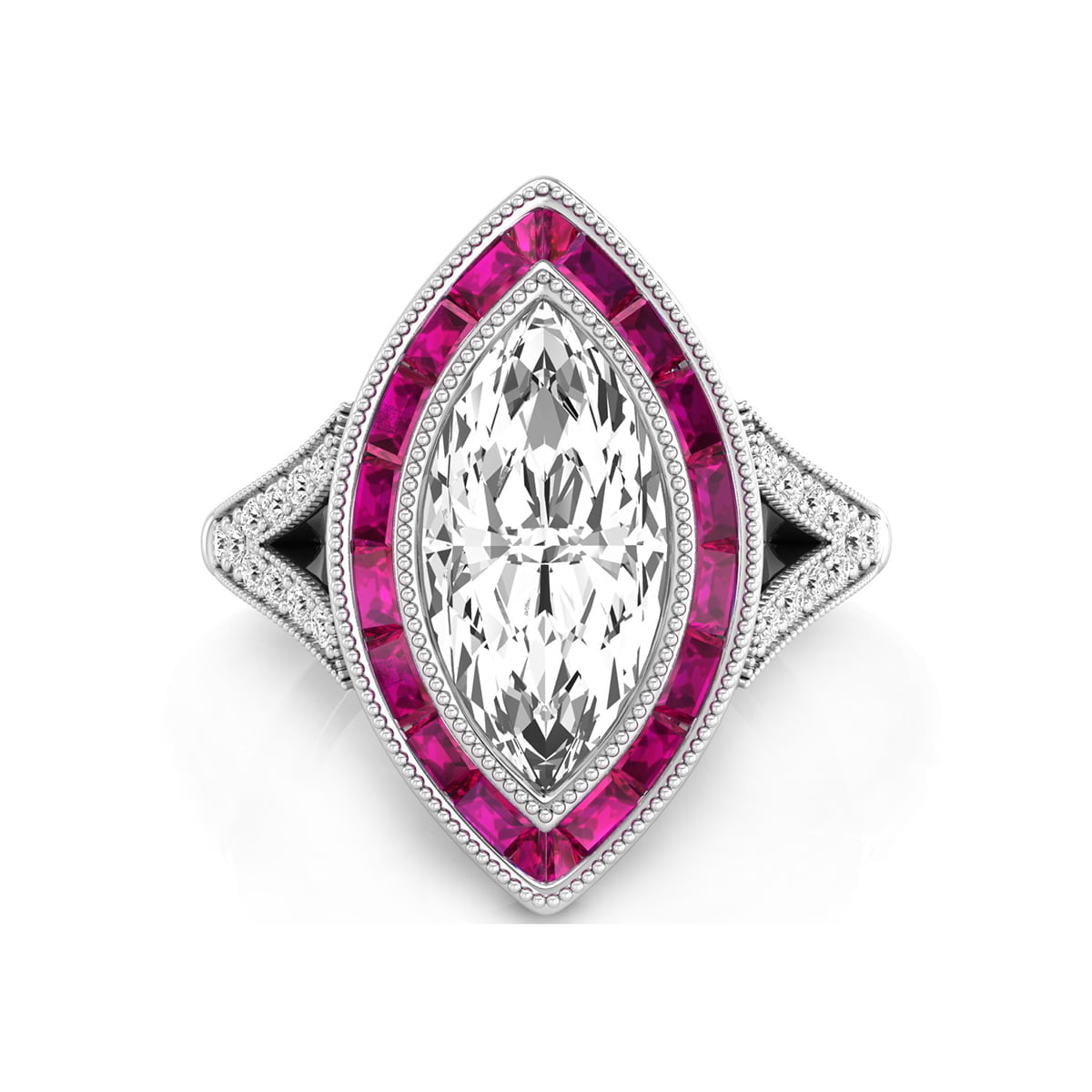 14x7 MM Marquise Cut CZ Stone Pink Ruby Halo Milgrain Bezel Set Split Shank Vintage Wedding Ring