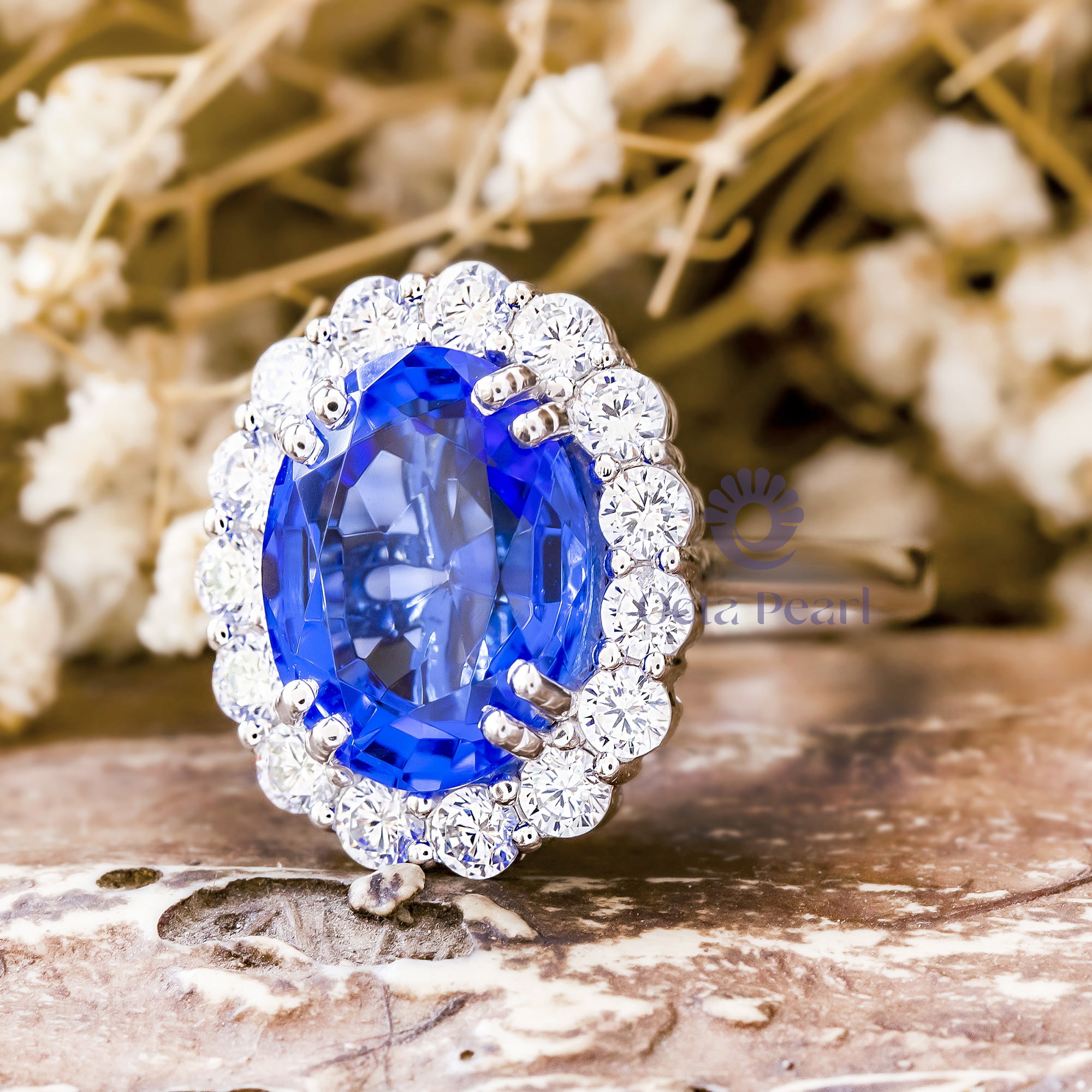 Royal Blue Sapphire Oval Cut With Round White CZ Stone Floral Motif Halo Engagement Ring