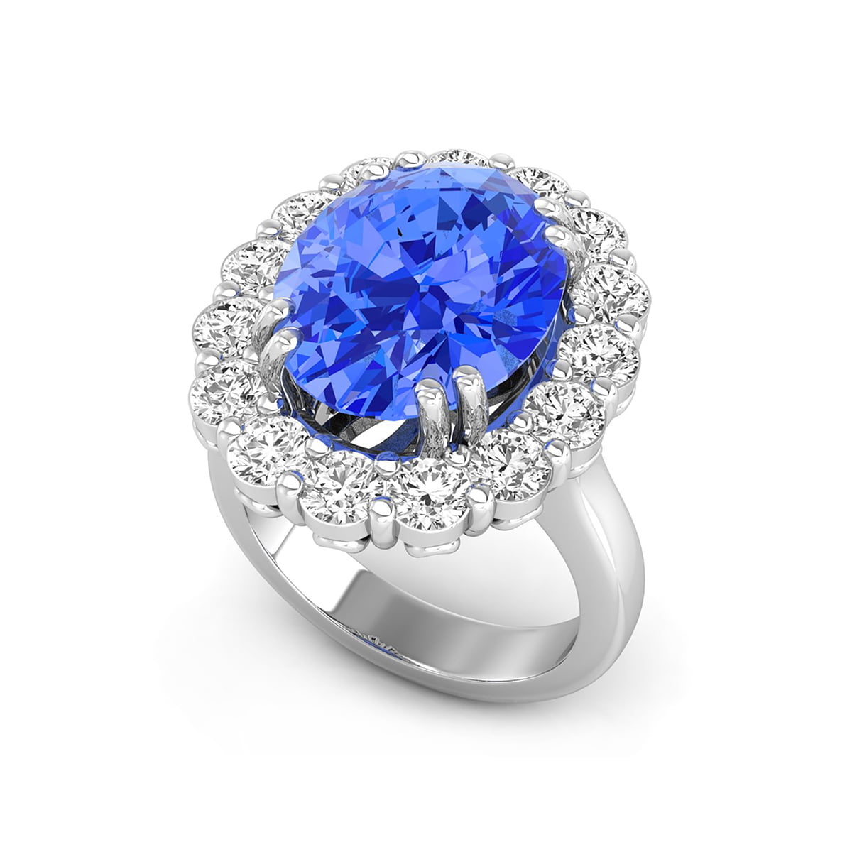Royal Blue Sapphire Oval Cut With Round White CZ Stone Floral Motif Halo Engagement Ring ( 9 7/8 TCW )