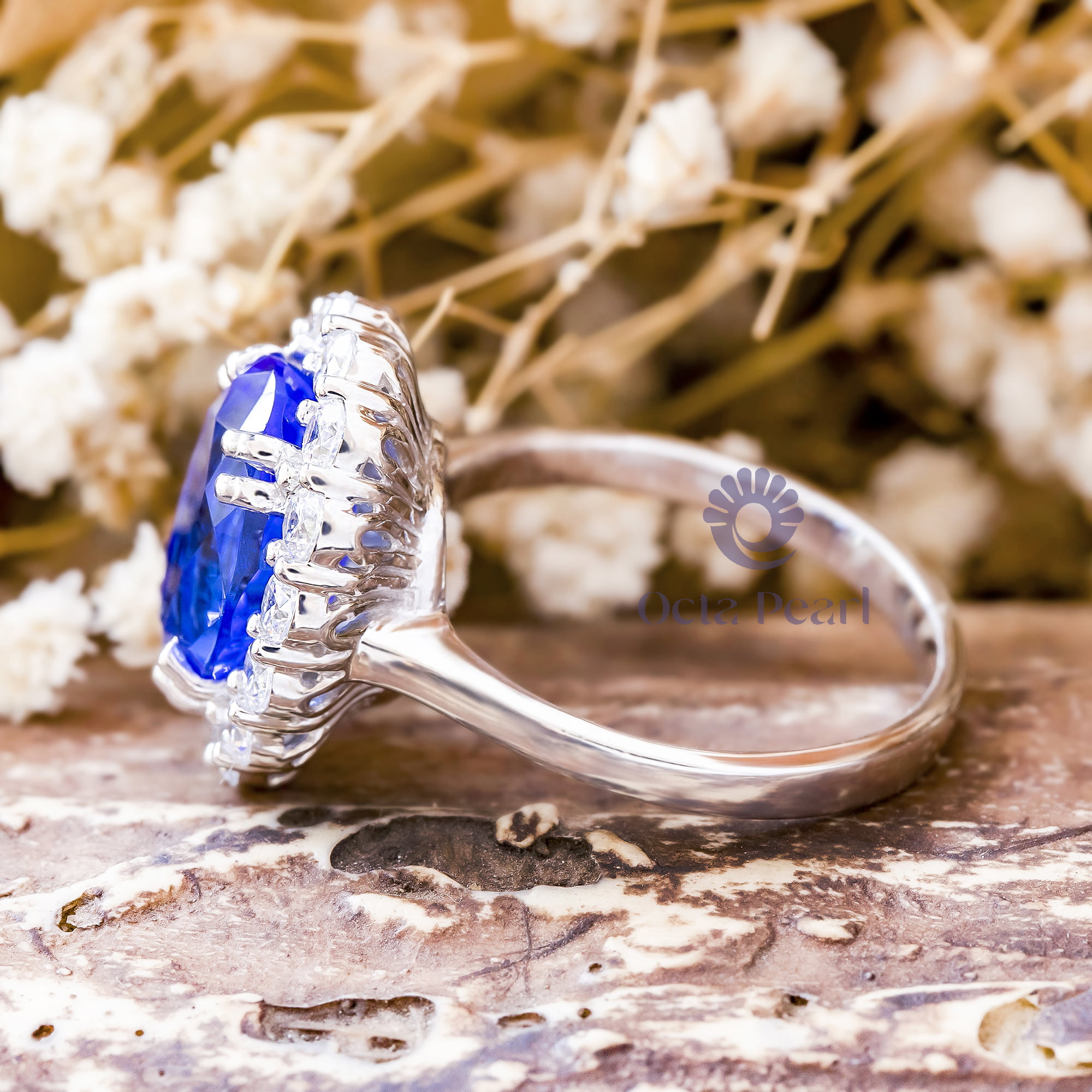 Royal Blue Sapphire Oval Cut With Round White CZ Stone Floral Motif Halo Engagement Ring ( 9 7/8 TCW )