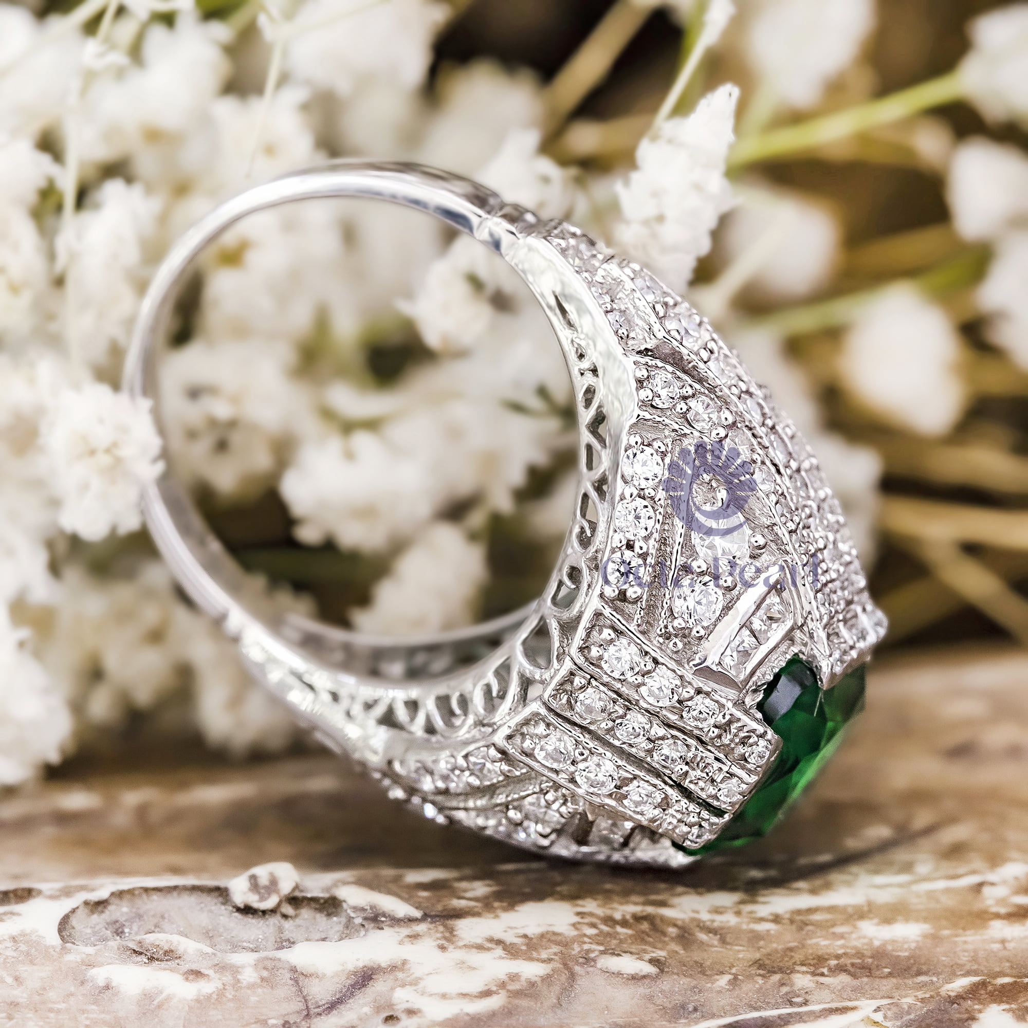 10x9 MM Green Cushion Cut CZ Stone Milgrain Antique Victorian Art Deco Ring For Engagement
