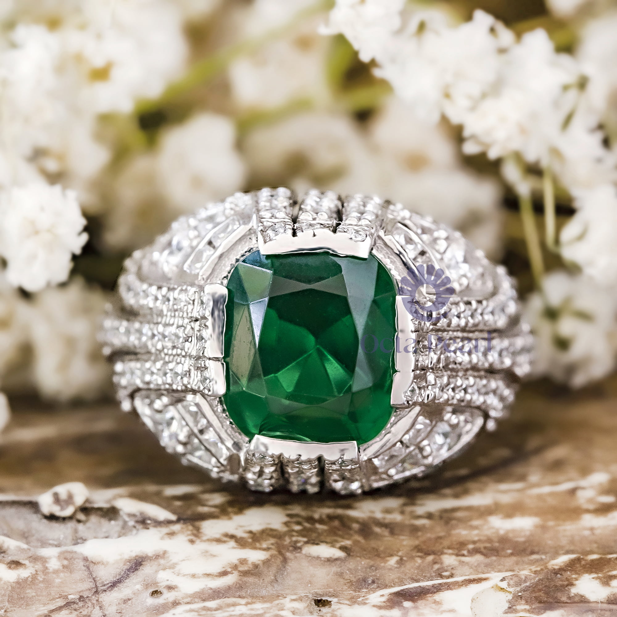 10x9 MM Green Cushion Cut CZ Stone Milgrain Antique Victorian Art Deco Ring For Engagement