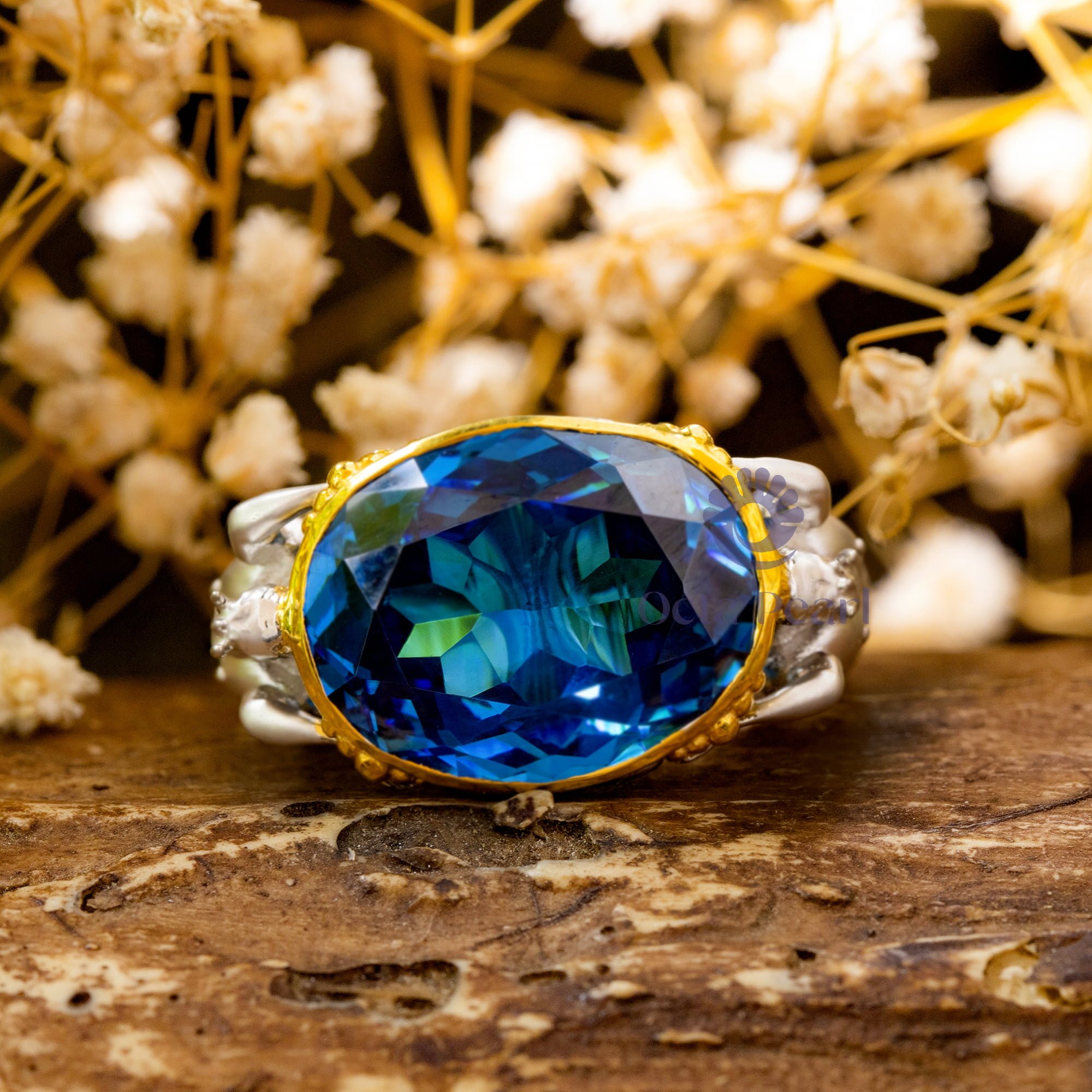 Blue Sapphire Oval Cut CZ Stone King of The Ocean Embroidered Aqua-Man Poseidon Mascot Cocktail Ring