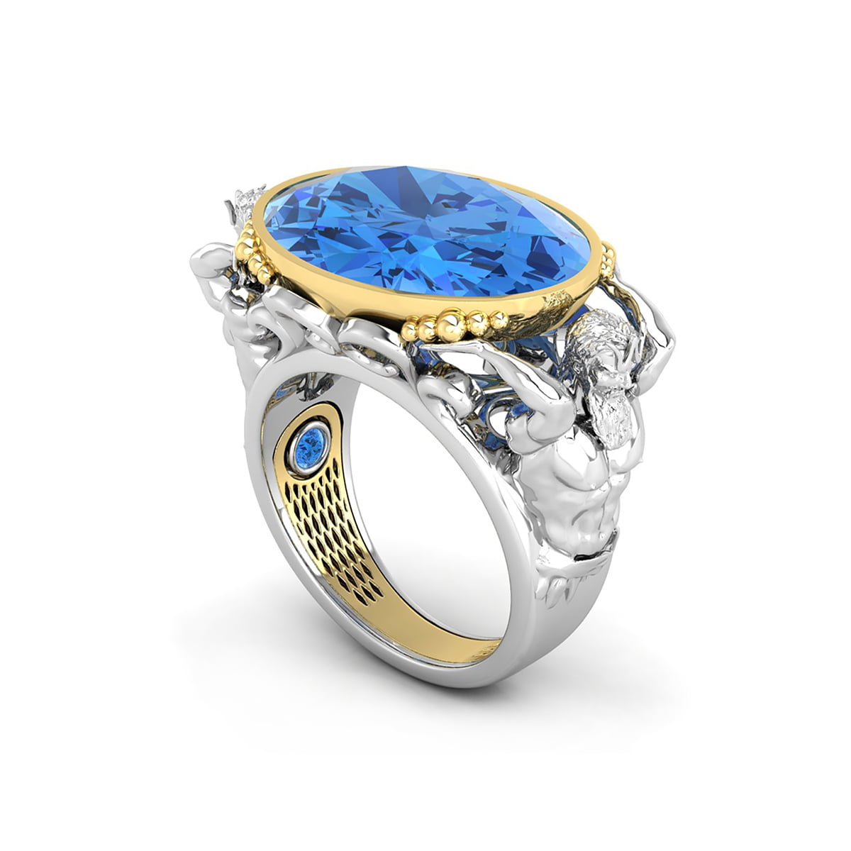 Blue Sapphire Oval Cut CZ Stone King of The Ocean Embroidered Aqua-Man Poseidon Mascot Cocktail Ring