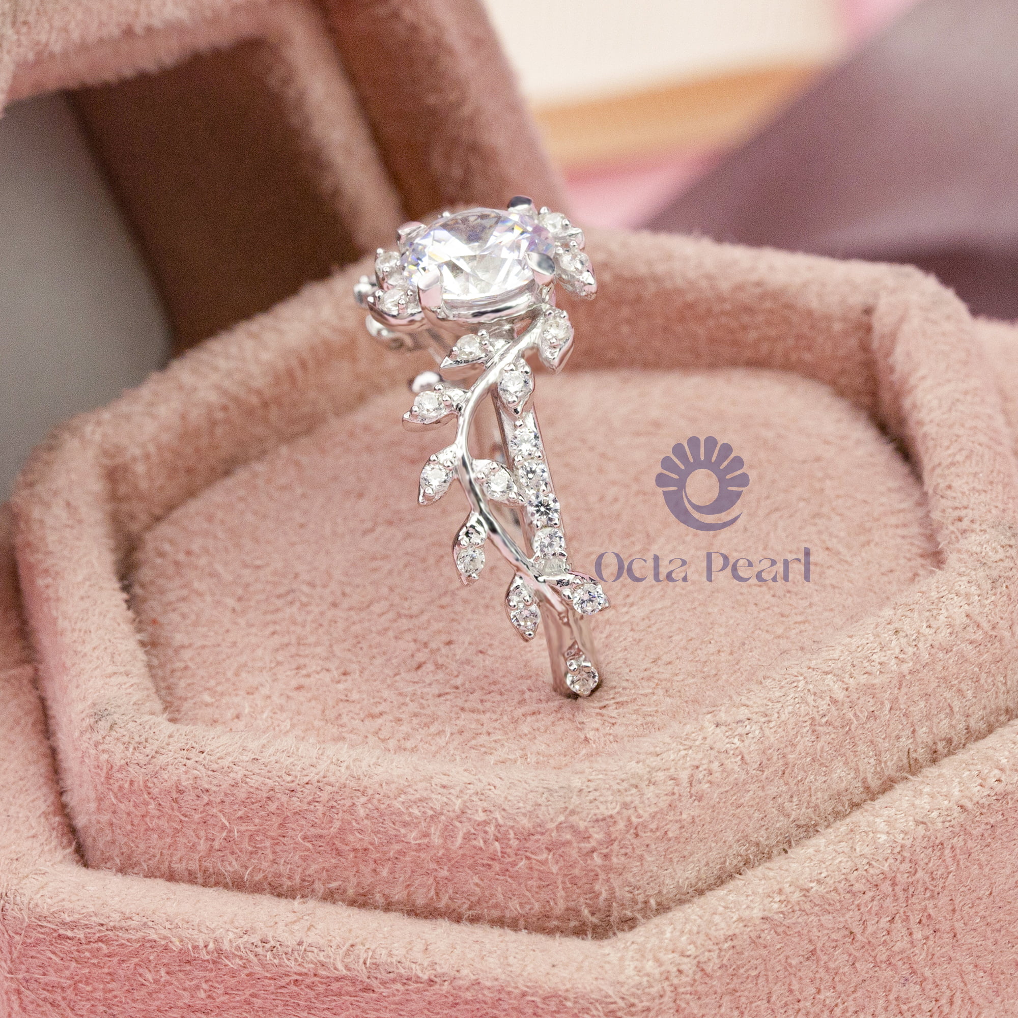 Round Cut Moissanite Nature Inspired Leaf Vine Motif Engagement Classic Ring ( 2 1/16 TCW )