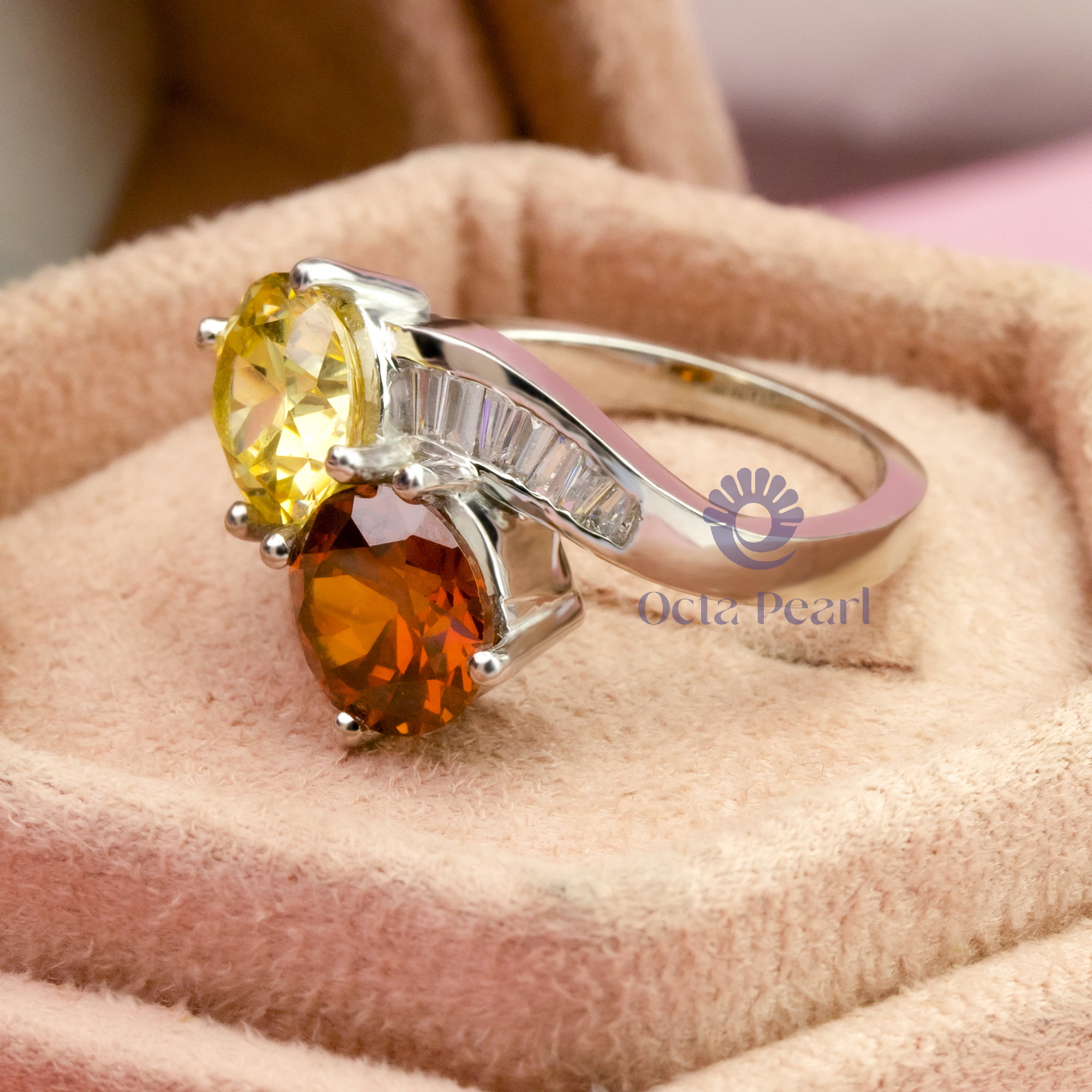 Yellow & Orange Round Cut CZ Stone Bypass Shank- Channel Setting Toi Et Moi Engagement Ring
