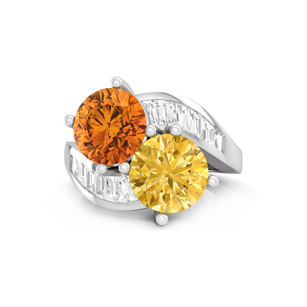 Yellow & Orange Round Cut CZ Stone Bypass Shank- Channel Setting Toi Et Moi Engagement Ring